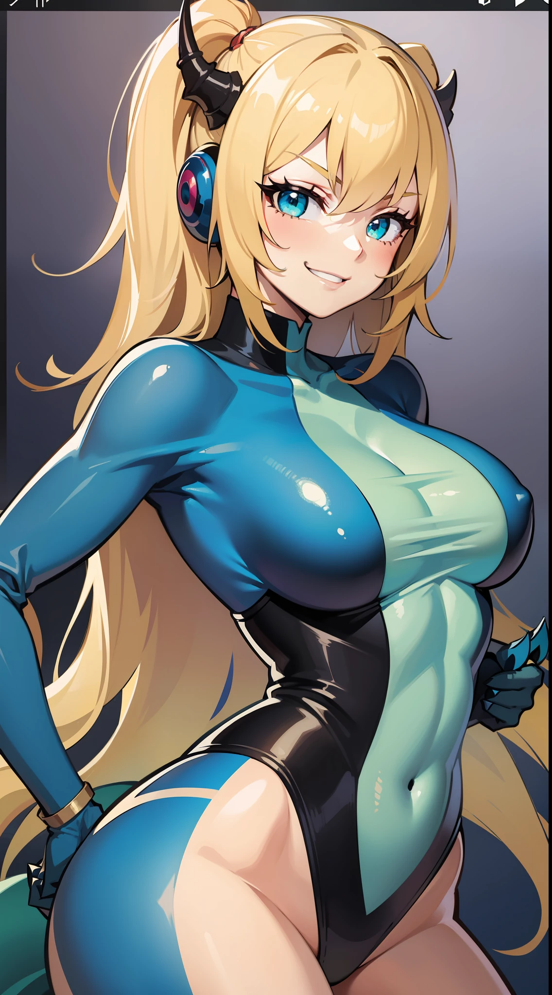 young girl, longue blonde hair, Turquoise colors, Tight ninja uniform, smirk, dragon, neckline on the chest, open breasts, claws, Masterpiece, hiquality