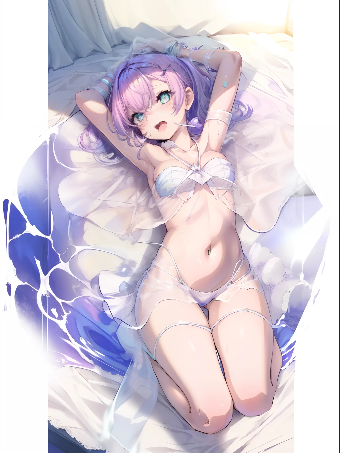 angelicales,wounded,There is white slime on the ground,Purple colored hair,blue color eyes,pantiess,Open-mouthed,lying down,Hands behind your head,White liquid,mouth drool,Large groups of slimes