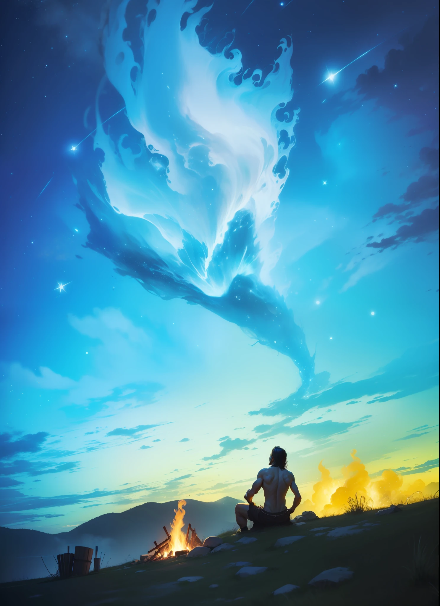 Ancient times,The topless primitive man sits by a straw shelter bonfire and looks up at the starry river,The fire shines,A gentle breeze,The blades of grass and fur on the body are coming out,A river of stars,It's like an endless lifeline,It seems that a seismic change will be ushered in at any time。