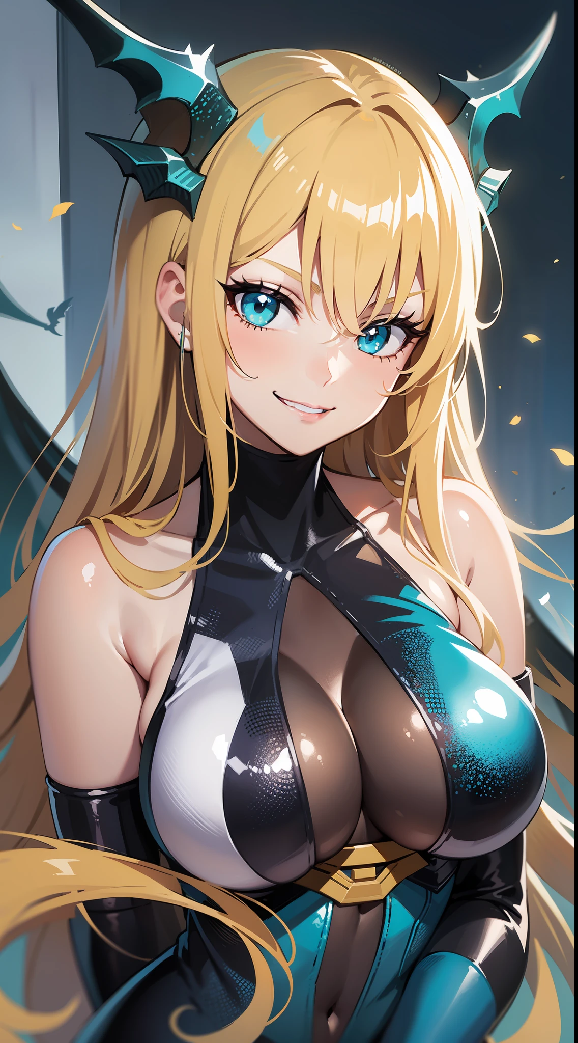 young girl, longue blonde hair, Turquoise colors, Tight ninja uniform, smirk, dragon, neckline on the chest, open breasts, claws, Masterpiece, hiquality