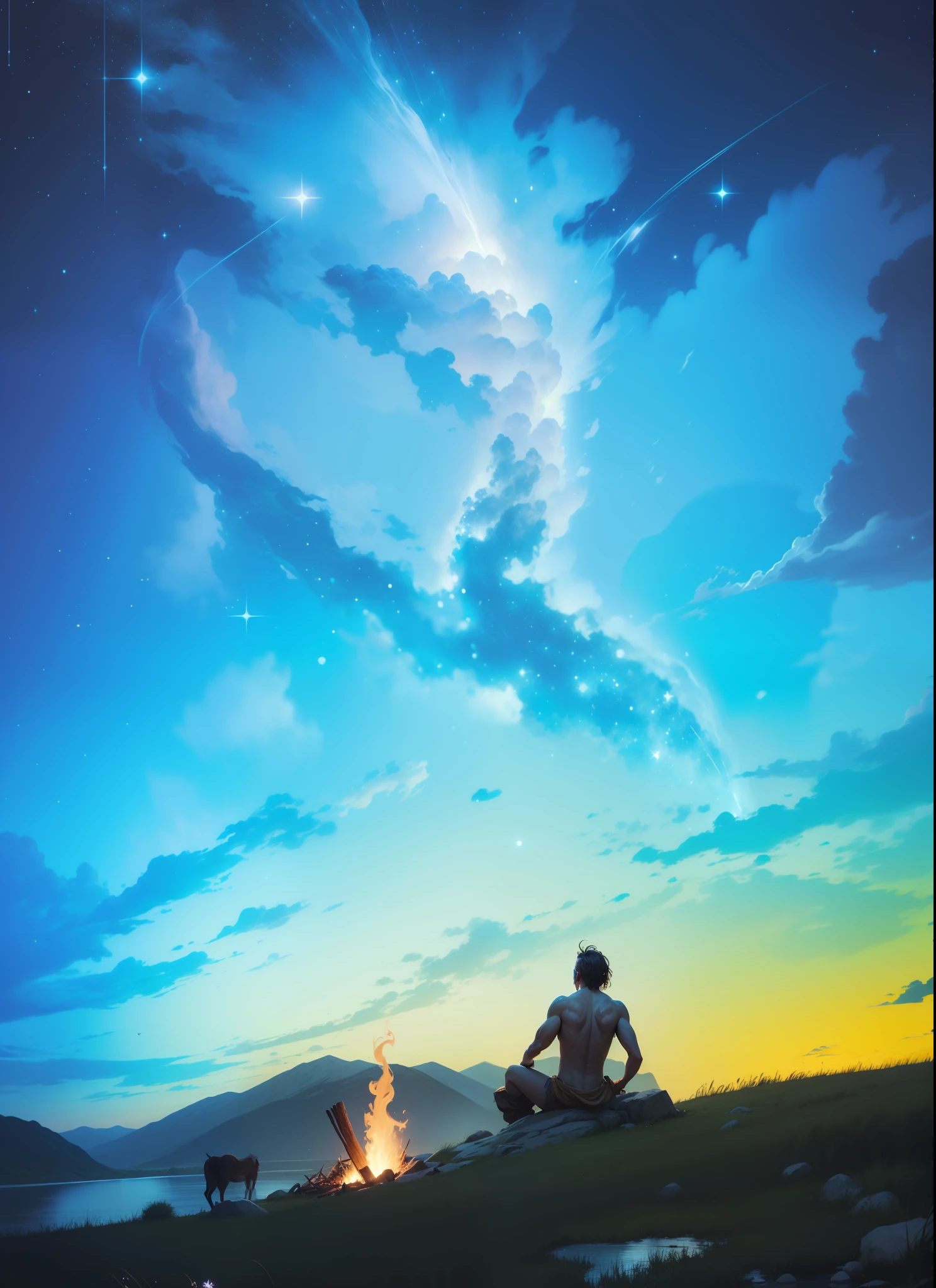 Ancient times,The topless primitive man sits by a straw shelter bonfire and looks up at the starry river,The fire shines,A gentle breeze,The blades of grass and fur on the body are coming out,A river of stars,It's like an endless lifeline,It seems that a seismic change will be ushered in at any time。