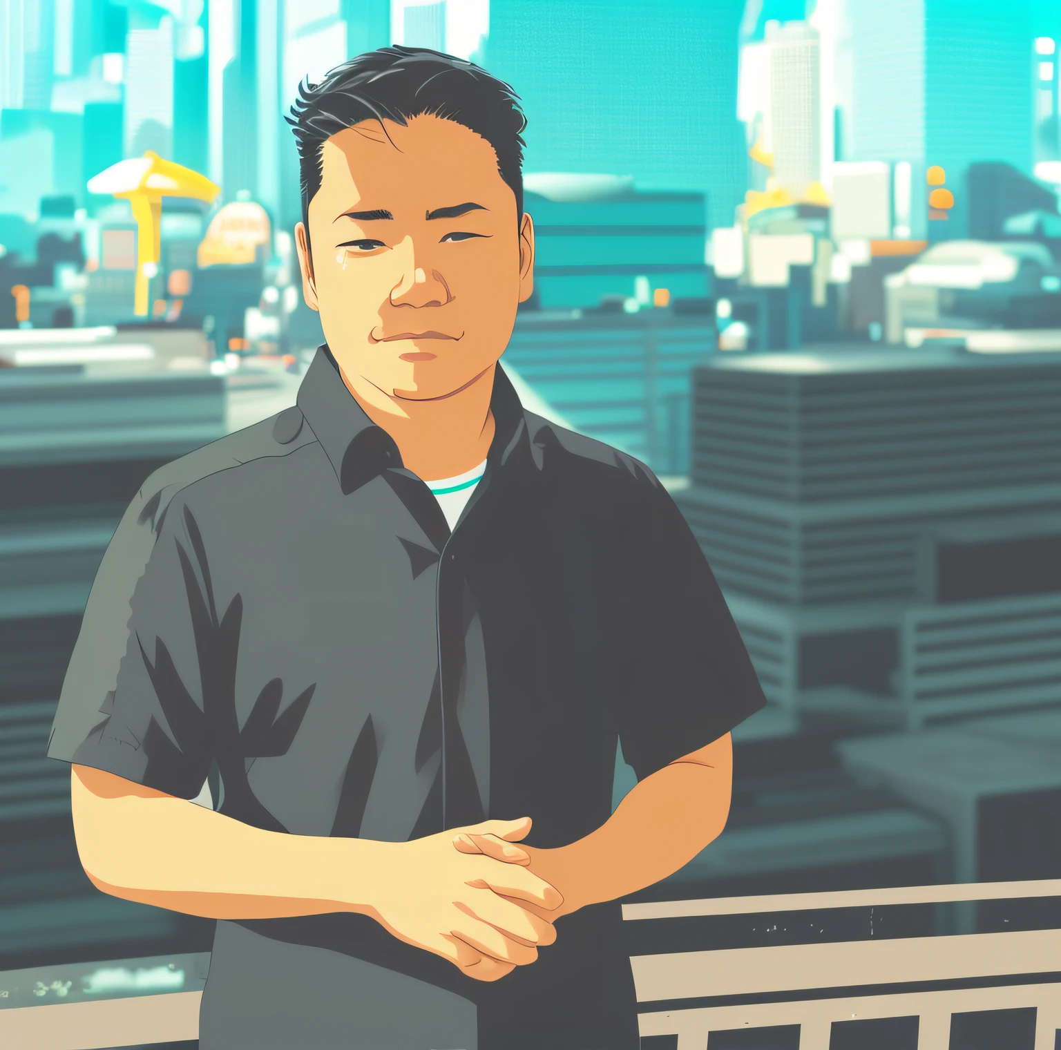 Man standing in a city with cars and buildings, in Japanese anime style