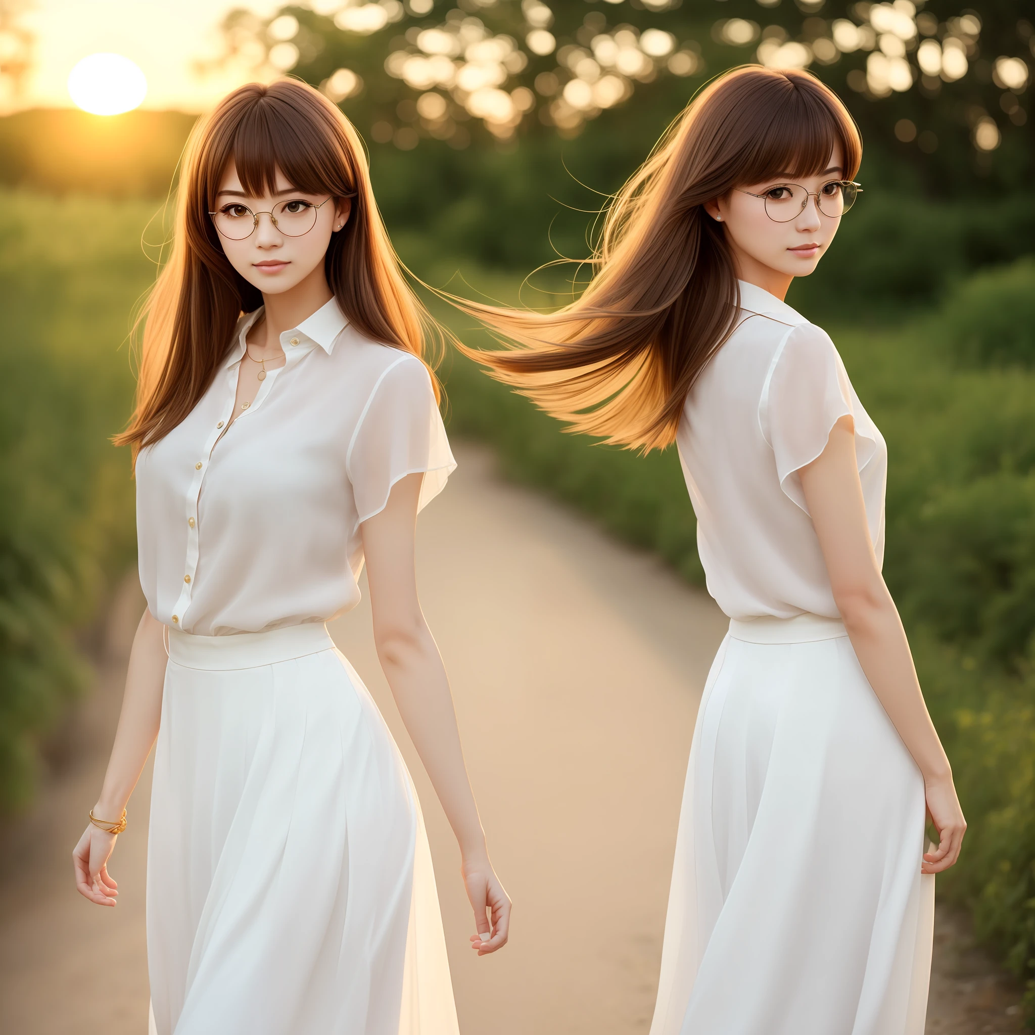 Delicate and pretty woman with long hair、Turning around in the backlight of the setting sun, hair spreads out and shines golden、White linen blouse and long moe-colored skirt、Round rimless glasses、Bright eyes、A fragile and dangerous beauty like a woman drawn by Sakumi Yoshino --auto