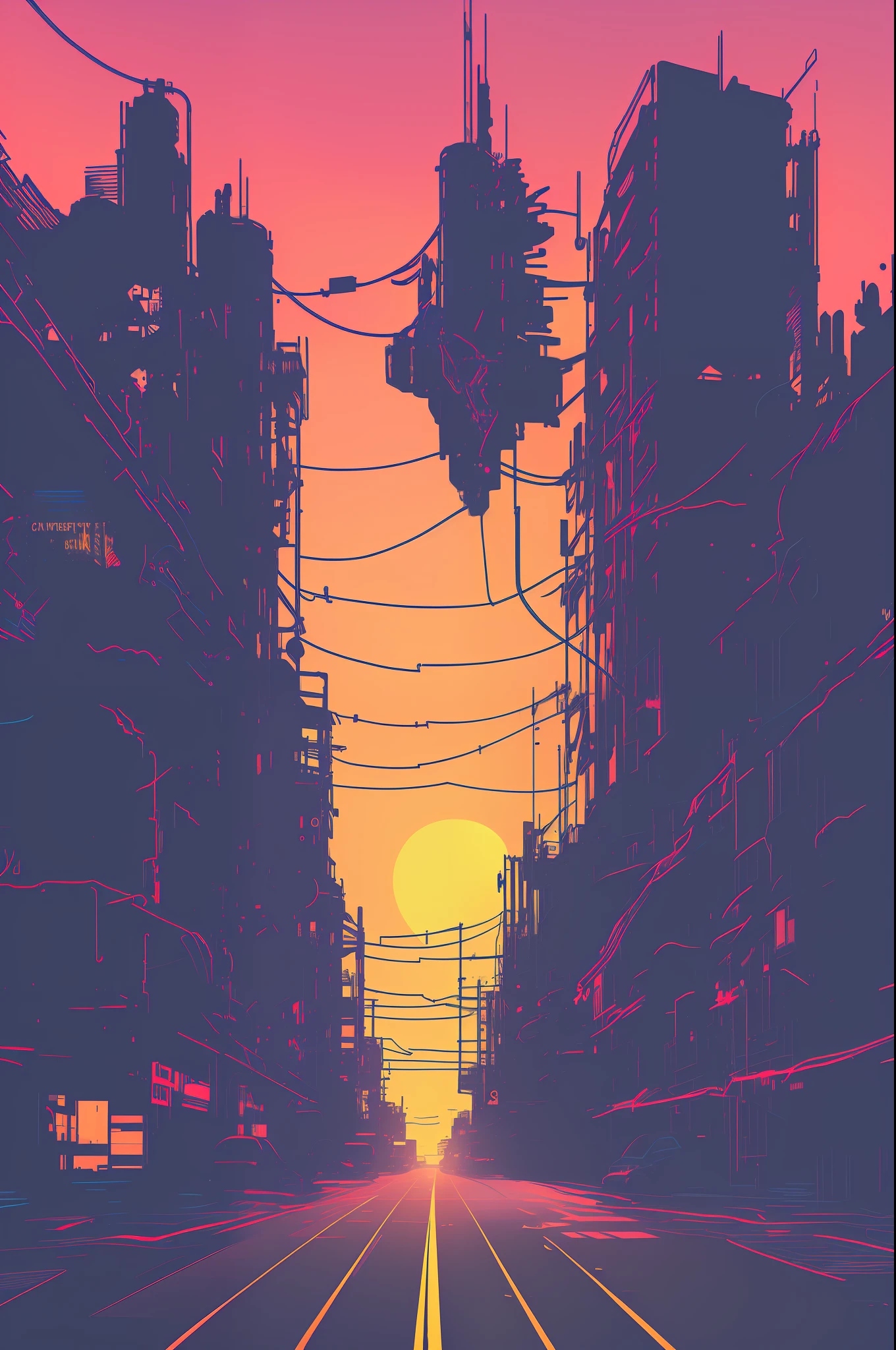 (nvinkpunk:1.2) SNTHWVE Style Motorcycle, Light Wave, Sunset, Convoluted, Very detailed