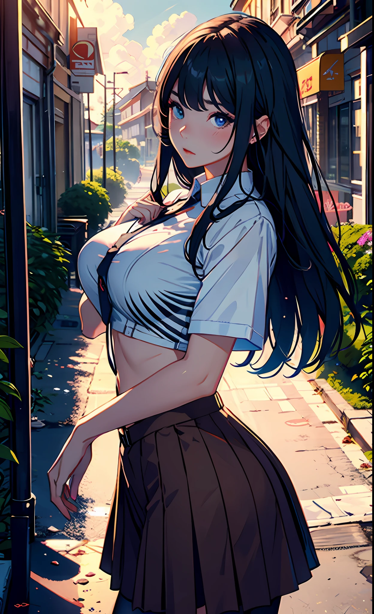 1个Giant Breast Girl,calm expression,mesmerizing eyes,Straight hair,Flowing skirt,A calm posture,Porcelain-like skin,Subtle blush,Crystal Pendant BREAK Prime Time,(edge lit):1.2,a warm color palette,sunflare,soft shade,vivd colour,painterly effect,Reflection of bustling streets,Sunlit clouds,tranquil ambiance,Idyllic sunsets,ultra - detailed,offcial art,统一 8k 壁纸,zentangle,datura