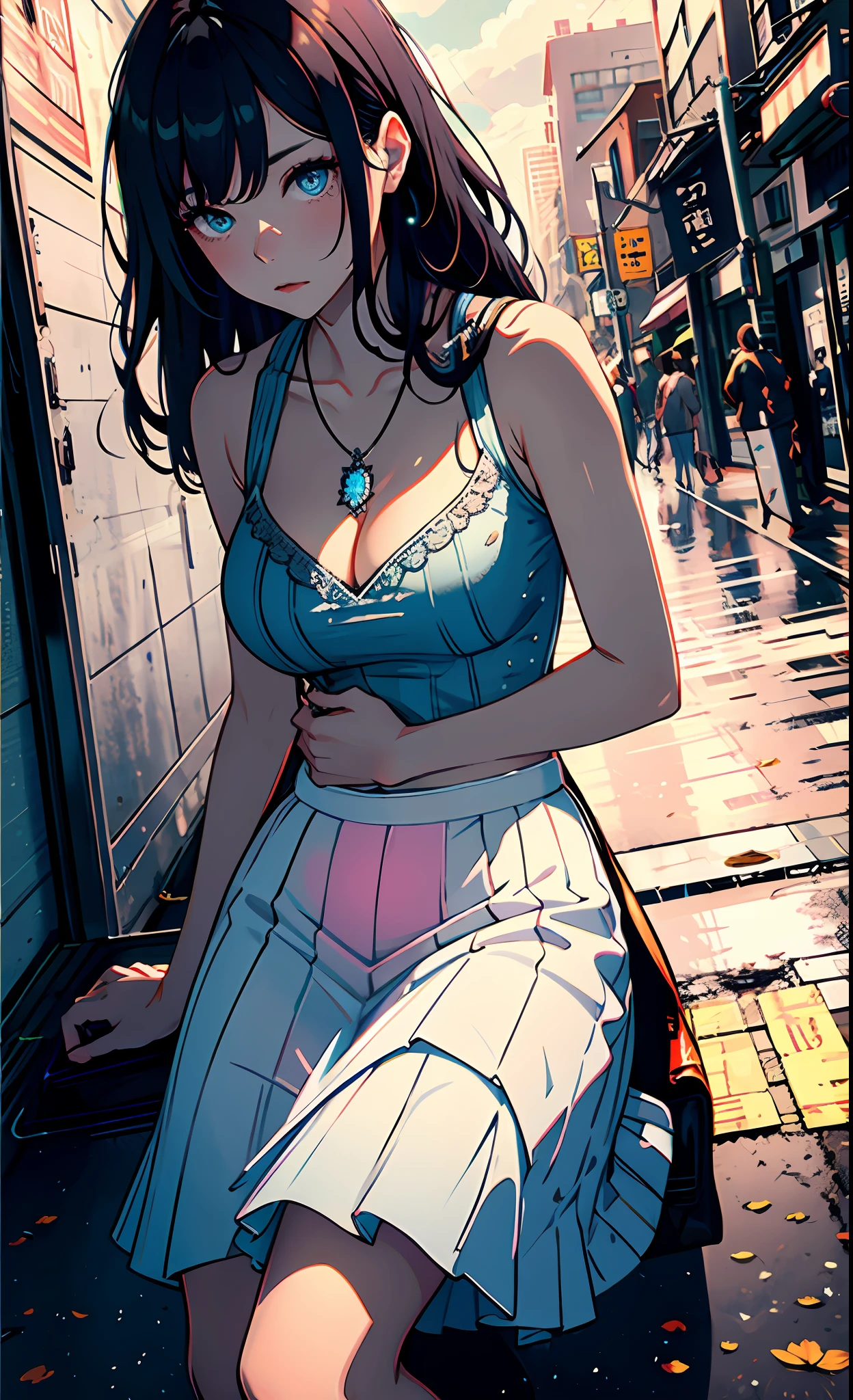 1个Giant Breast Girl，calm expression，mesmerizing eyes，Straight hair，Flowing skirt，A calm posture，Porcelain-like skin，Subtle blush，Crystal Pendant BREAK Prime Time，（edge lit）：1.2，a warm color palette，sunflare，soft shade，vivd colour，painterly effect，Reflection of bustling streets，Sunlit clouds，tranquil ambiance，Idyllic sunsets，ultra - detailed，offcial art，统一 8k 壁纸，zentangle，datura