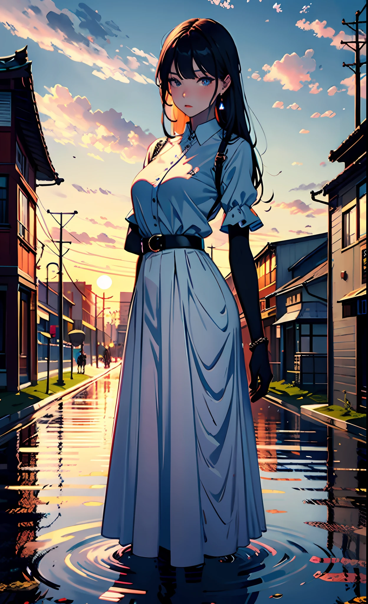 1个Giant Breast Girl,calm expression,mesmerizing eyes,Straight hair,Flowing skirt,A calm posture,Porcelain-like skin,Subtle blush,Crystal Pendant BREAK Prime Time,(edge lit):1.2,a warm color palette,sunflare,soft shade,vivd colour,painterly effect,Reflection of bustling streets,Sunlit clouds,tranquil ambiance,Idyllic sunsets,ultra - detailed,offcial art,统一 8k 壁纸,zentangle,datura