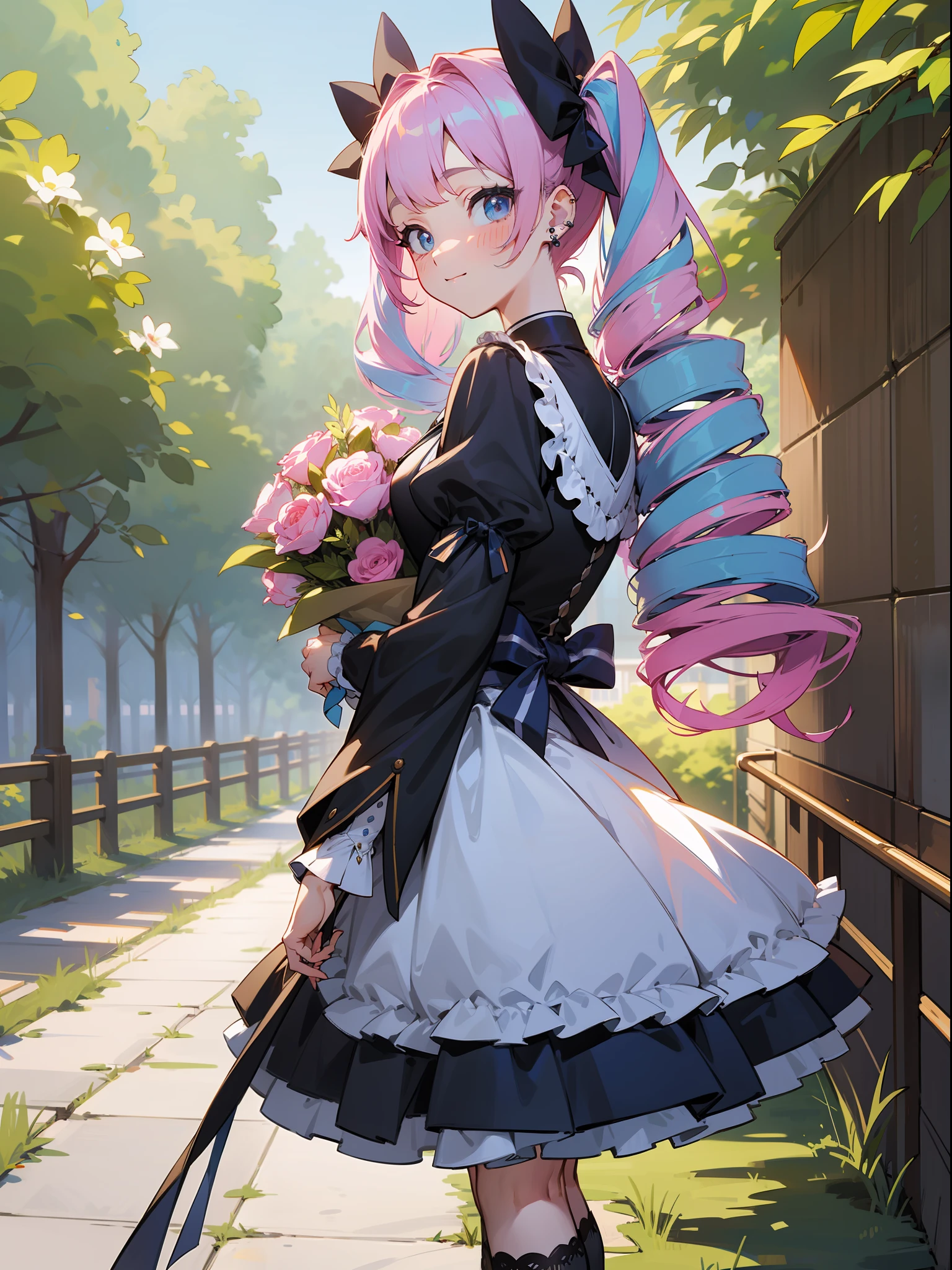 ​master piece, hyper quality, Hyper Detailed, Perfect drawing,Hi-Res、1girll,Loose and fluffy hair、drills twintails、Pink and pastel blue hair、Big eyes with double eyelids、lofty nose、blusher(0.2)、Small mouth、ear piercings、Lolita Fashion、Clothes with lots of lace and frills、a miniskirt,knee high socks(:1.5),(garterbelts)、(((Wrapped、With ribbon、Holding a large bouquet))), butt sticks out, Big round buttocks, Standing figure, ((Panties are visible)), (((Luxury panties)))、Embarrassing、ssmile、blue-sky、Summer colors、Sunlight、Walking trail、Shooting from diagonally below,  portlate、beatiful backgrounds, meticulous drawing, Accurate drawing、Perfect illustration、Perfect Beautiful Girl、