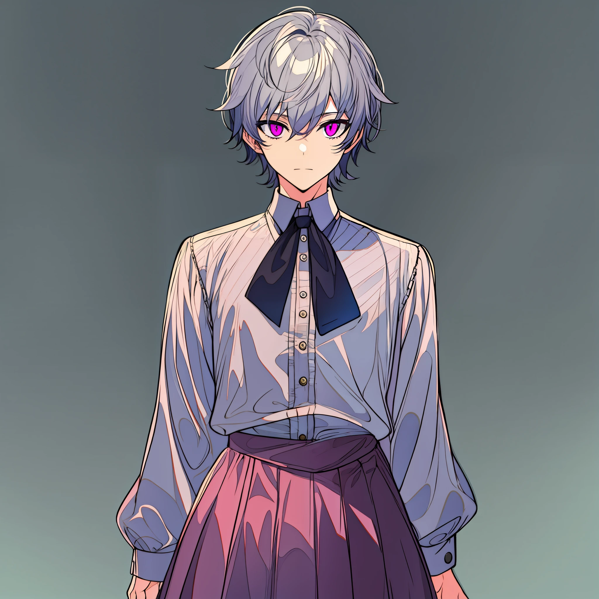 Feminine age male with grey hair and pink eyes, hair that goes down to their neck, cute, wearing feminine clothes