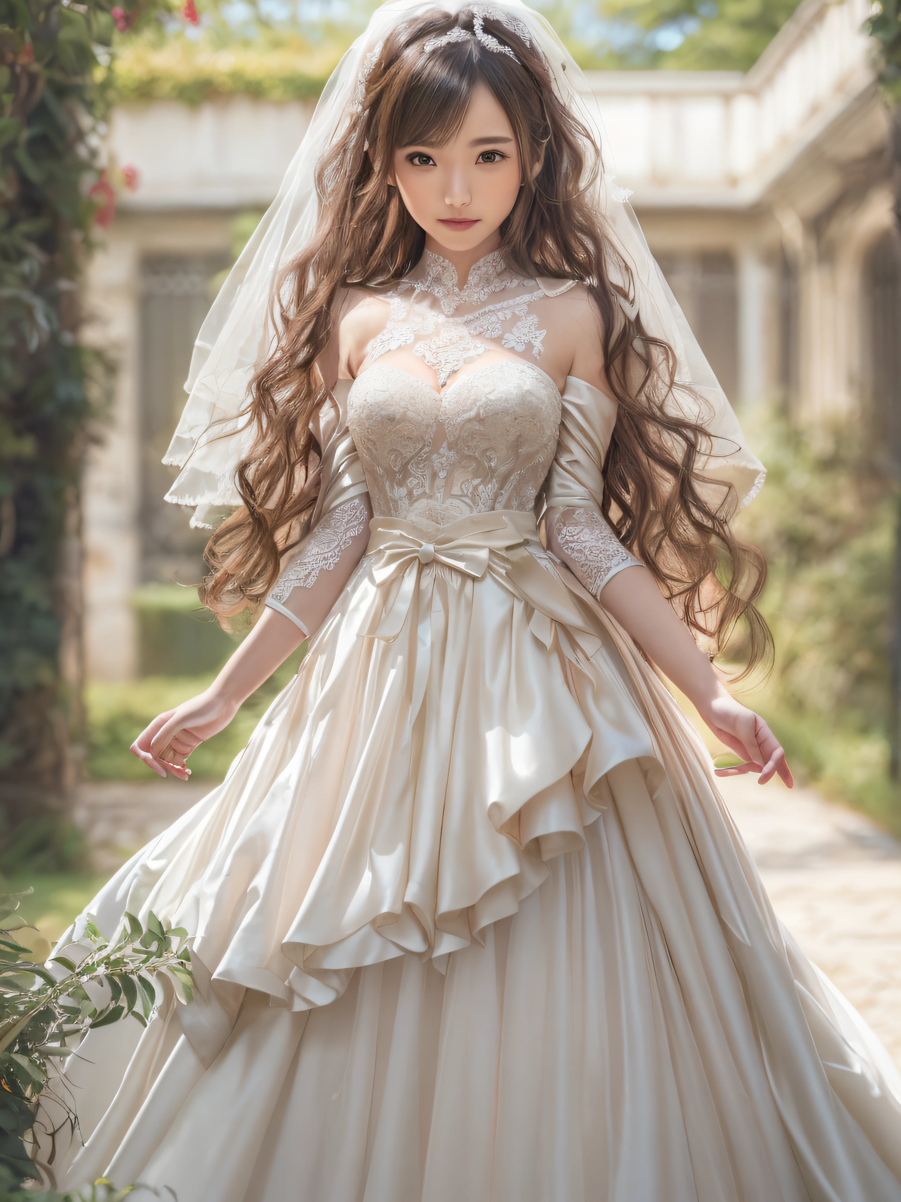 (Photorealistic), (Ultra High Realistic), (Ultra High Definition), (Ultra High Detailed), (Increase the contrast:1.9), (Increase the Saturation:1.9), (1girl), beautiful face, cute face, Face Slimming, Japanese young girl, semi long curly hair, (light Brown hair), ((Slimmer)), ((Waist Slimming)), ((Small buttocks1.5)), ((Slimmer Legs:1.5)), (small Breasts:1.3), (Cleavage:0.8), ((Short -length wedding dress)), (((Model pose in the garden of Elizabeth Palace))), movie lighting,