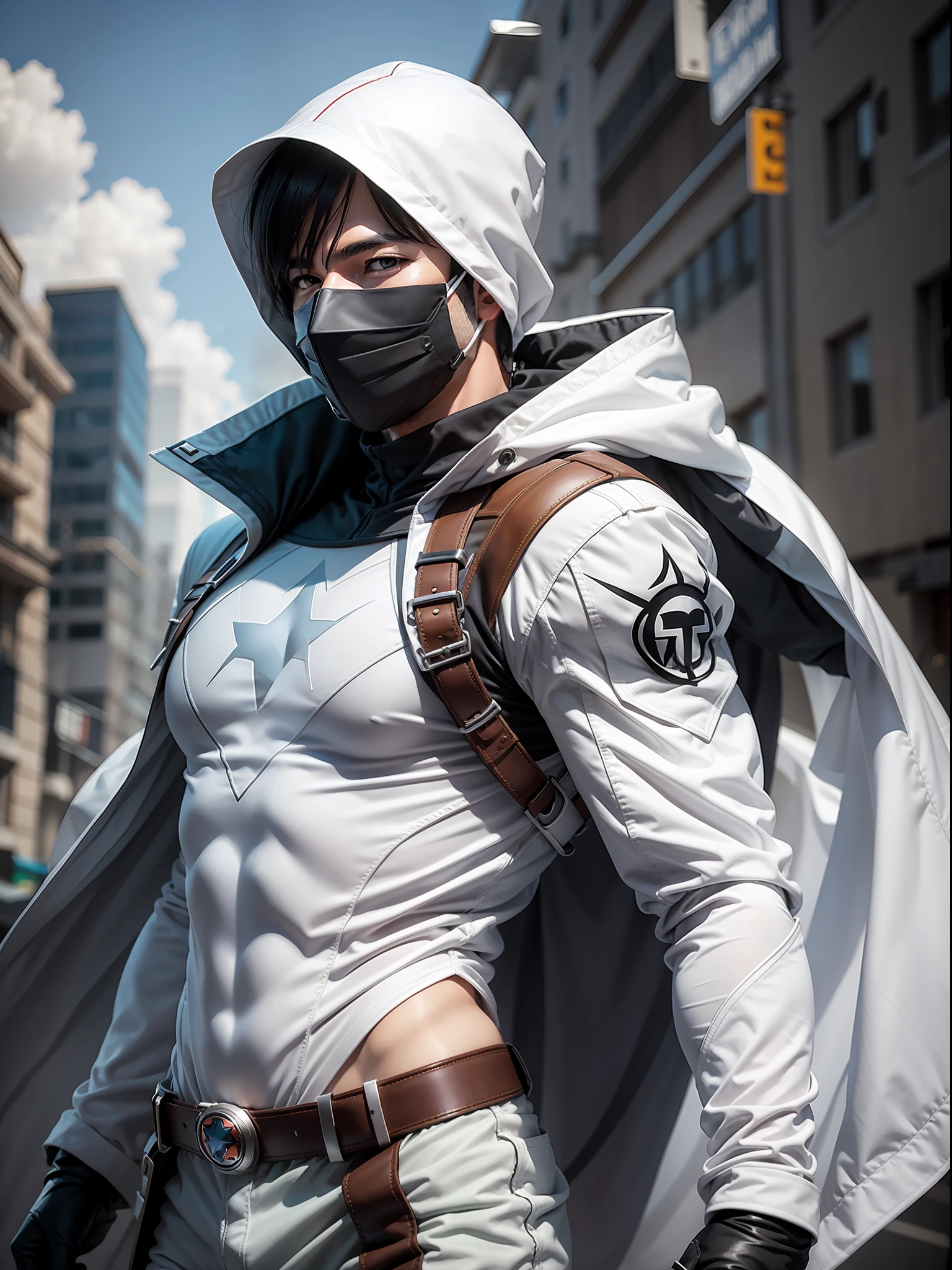super hero with mask and white and gray clothes