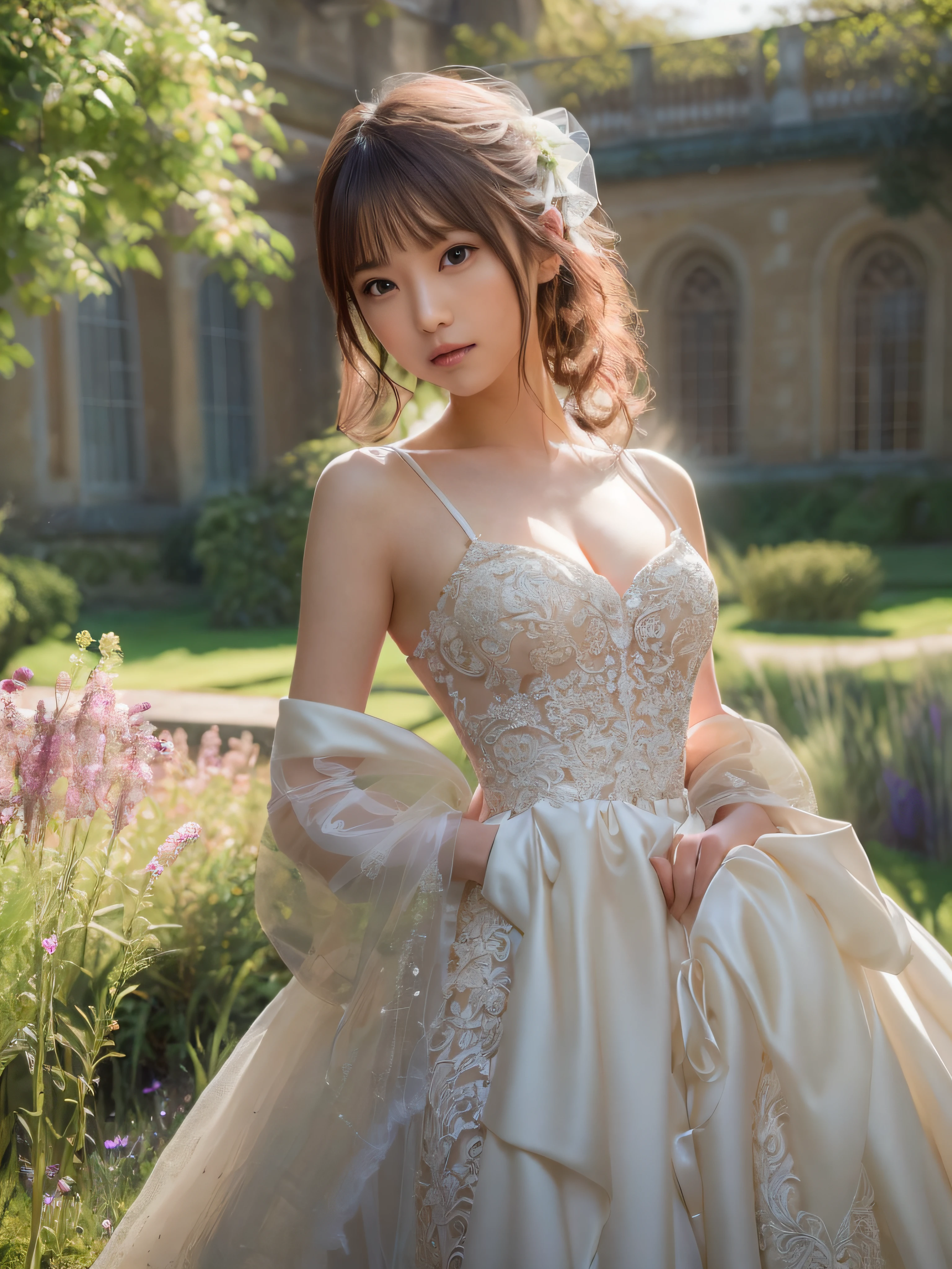 (Photorealistic), (Ultra High Realistic), (Ultra High Definition), (Ultra High Detailed), (Increase the contrast:1.5), (Increase the Saturation:1.5), (1girl), beautiful face, cute face, Face Slimming, Japanese young girl, semi long curly hair, (light Brown hair), ((Slimmer)), ((Waist Slimming)), ((Small buttocks1.5)), ((Slimmer Legs:1.5)), (small Breasts:1.3), (Cleavage:0.8), ((Short -length wedding dress)), (((Model pose in the garden of Elizabeth Palace))), movie lighting,
