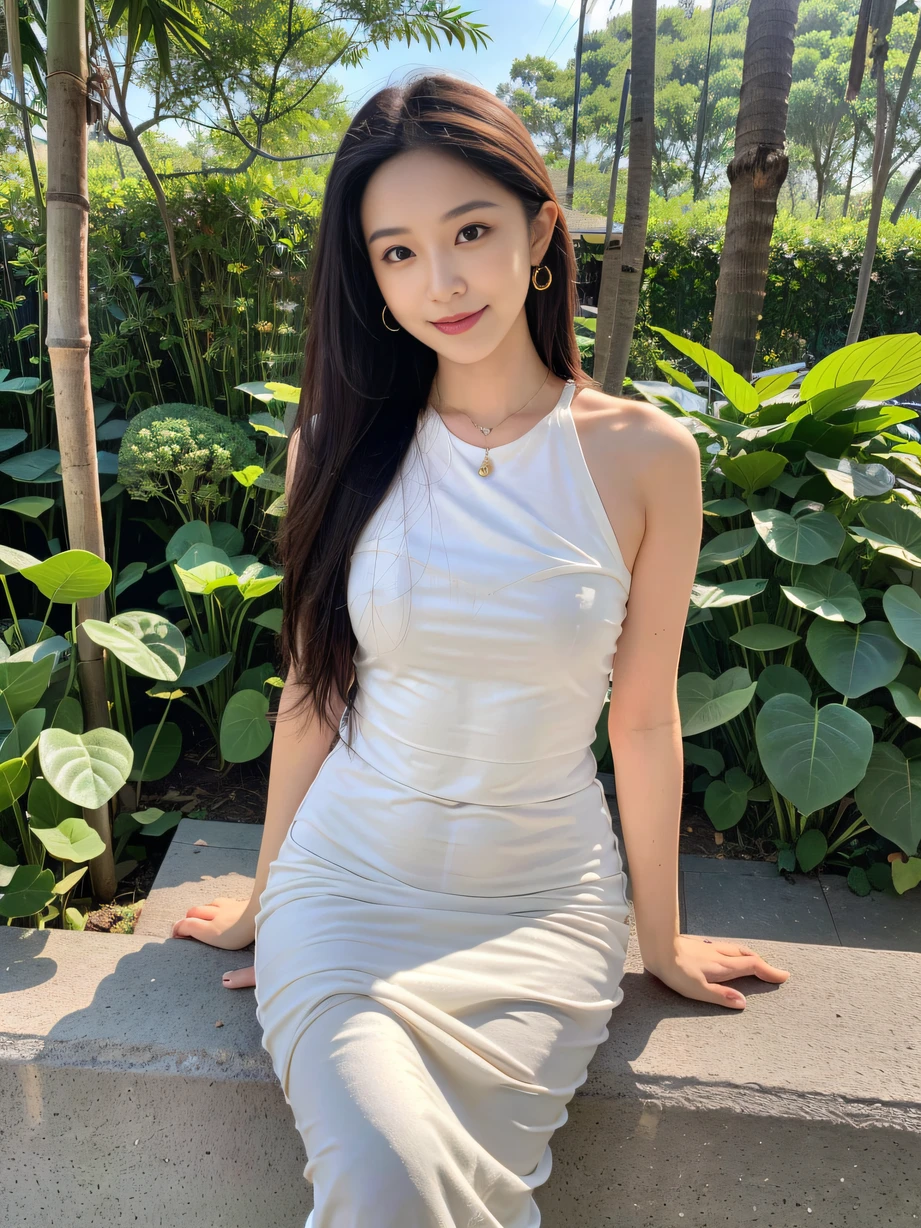 ，Masterpiece, Best quality，8K, 超高分辨率，Reallightandshadow，Cinema lenses，(beautidful eyes:1.1)， ((中景 the scene is，The upper part of the body))，dynamicposes，In a green bamboo forest，The gentle goddess sits under the bamboo to rest。The sunlight fell on her through the gaps in the bamboo leaves，The soft light makes her face even more beautiful and moving。Enjoy this quiet and idyllic moment with a smile。The creek flows gently，Make a gurgling sound，It seems to be a celebration of the goddess。