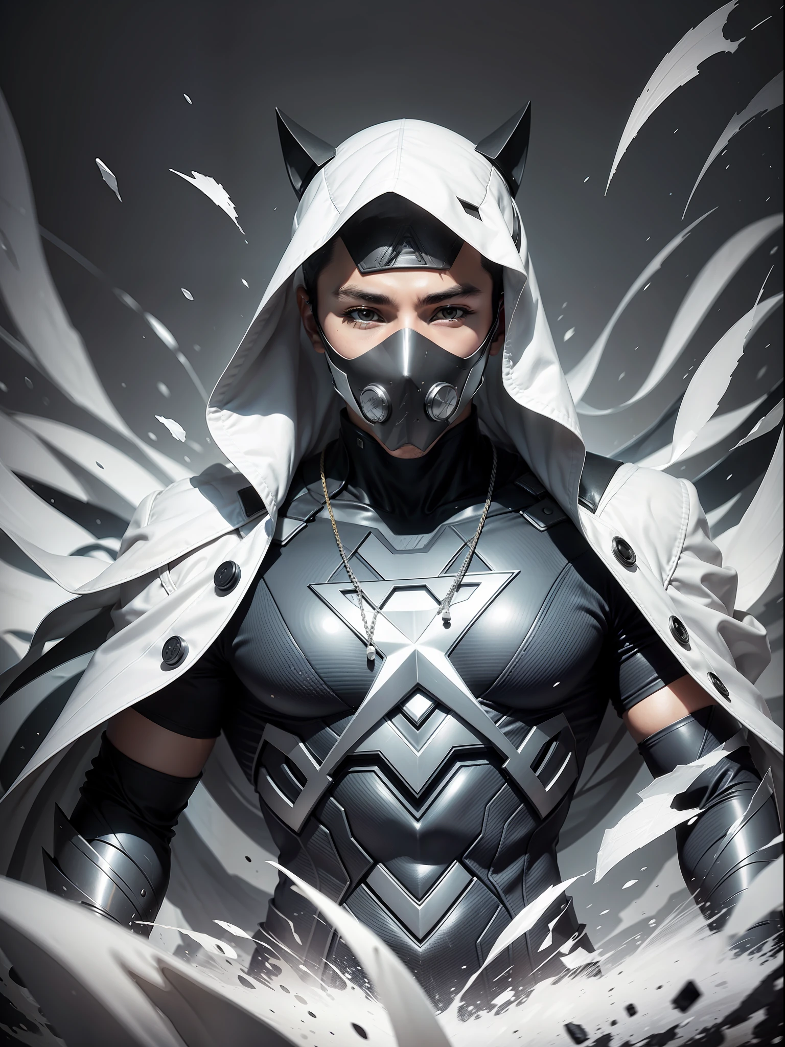 super hero with mask and white and gray clothes