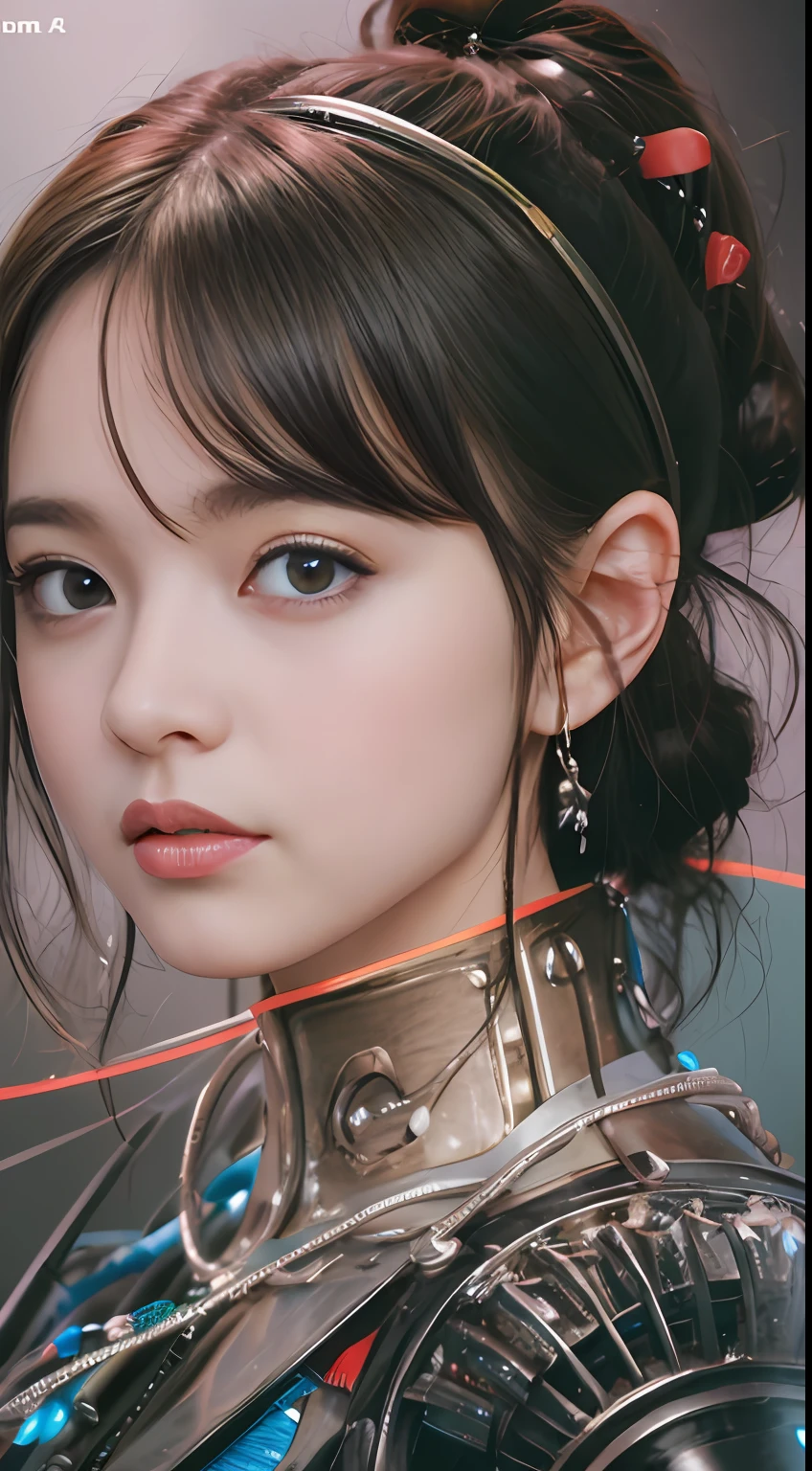 Qualidade Superior, Obra-Prima, ultra high-resolution, (Fotorrealista: 1.4), Foto Bruta, 1 , Cabelo Preto, Pele Brilhante, 1 mechanical girl, (Detalhe Ultra Realista)), Retrato, global ilumination, Sombras, Octane Rendering, 8K, Ultra Sharp, Grande, Pele Crua Exposta ao Clivagem, Metal, Detalhes Intrincados do Ornamento, Details of the, Detalhes muito intrincados, Luz realista, CGSoation trend, olhos roxos, olhos brilhantes, Facing the camera squarely, Neon details, machanical limbs, blood vessels connected to the tube, mechanical vertebrae attached to the back, mechanical cervical attachment to the neck, sentado, wires and cables connected to the head, gundam, small LED lamps,
