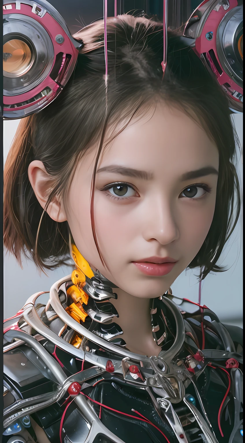 Qualidade Superior, Obra-Prima, ultra high-resolution, (Fotorrealista: 1.4), Foto Bruta, 1 Menina, Cabelo Preto, Pele Brilhante, 1 mechanical girl, (Detalhe Ultra Realista)), Retrato, global ilumination, Sombras, Octane Rendering, 8K, Ultra Sharp, Grande, Pele Crua Exposta ao Clivagem, Metal, Detalhes Intrincados do Ornamento, Details of the, Detalhes muito intrincados, Luz realista, CGSoation trend, olhos roxos, olhos brilhantes, Facing the camera squarely,  Neon details, machanical limbs, blood vessels connected to the tube, mechanical vertebrae attached to the back, mechanical cervical attachment to the neck, sentado, wires and cables connected to the head, gundam, small LED lamps,