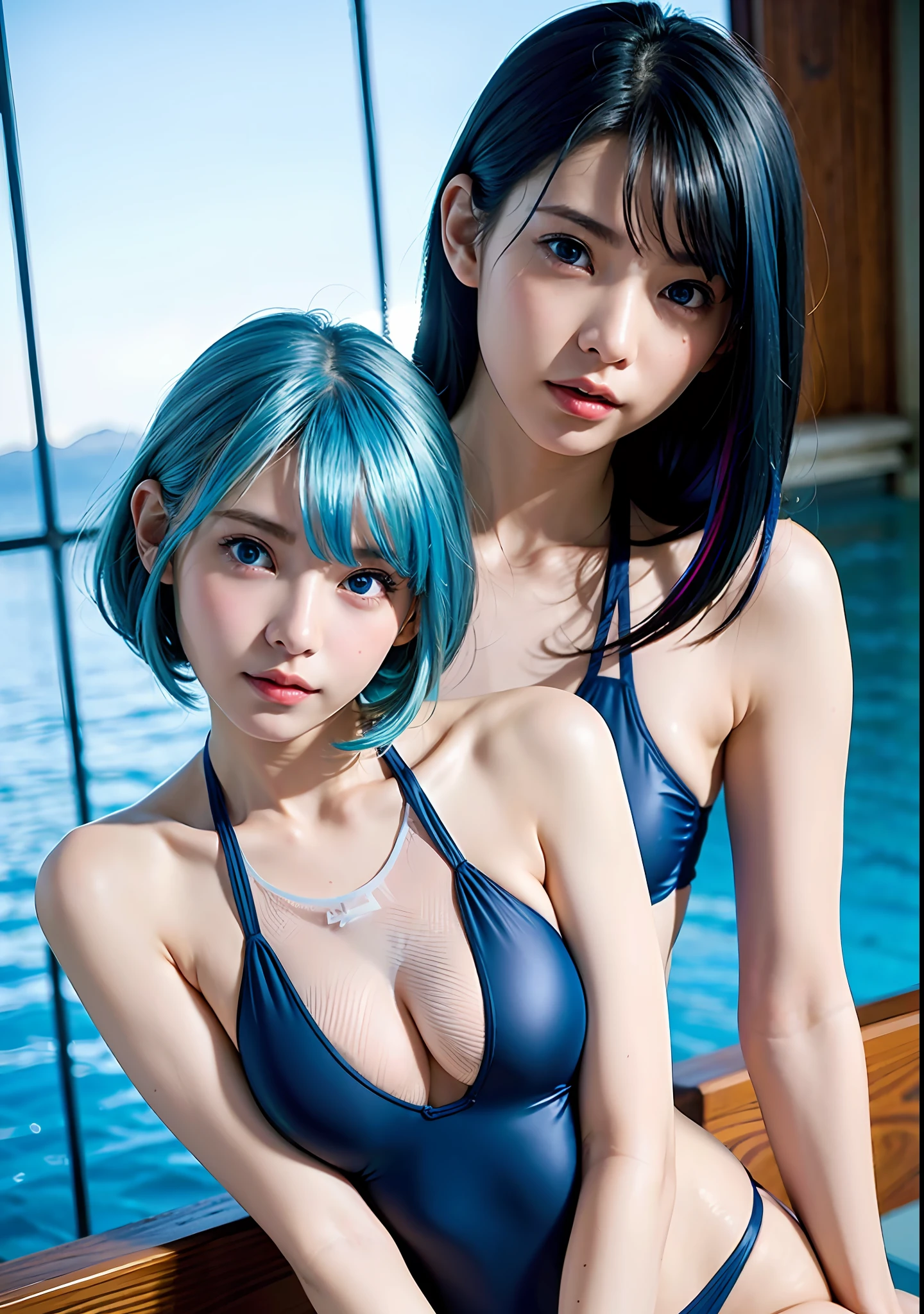 8K、top-quality, 超A high resolution, portrait of a full body, Amazing beauty, beautiful and delicate face, Big beautiful eyes, Simple and exciting underwear, highly detailed back ground, Very realistic skin,、translucent、(Camel toe)、((Amalfi Coast))、see -through、((Very translucent competitive swimsuit))、Oriental features、(No bra)、((witheout panties))、Shaved、Skin seen through the fabric、Small and racy、Blue Eye、(Bright blue eyes)、(Seductive open legs pose)、16 only、Beautiful side of the slippery、Aura with a sense of transparency、Perfect Style、Competitive swimsuit with very thin fabric、((Hair with colored mesh:1.2))、(Colorful colored hair:1.3)、cute little、((Very small sheer swimsuit))、Detailed finger details