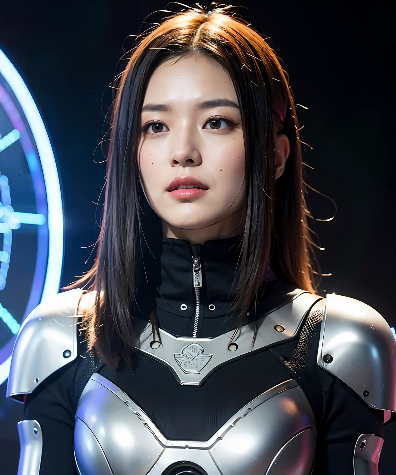 ultra detailed of a beautiful woman face,(Mechanical body:1.4),(Cyberworld background:1.4),age7,150 mm, long hair,beautiful studio soft light, vibrant details,  beautiful background, octane render, 8k, best quality, masterpiece, illustration, an extremely delicate and beautiful, extremely detailed ,CG ,unity ,wallpaper, (realistic, photo-realistic:1.37),Amazing, finely detail, masterpiece,best quality,official art, extremely detailed CG unity 8k wallpaper,   robot, silver halmet, full body, full-body shot, sitting,