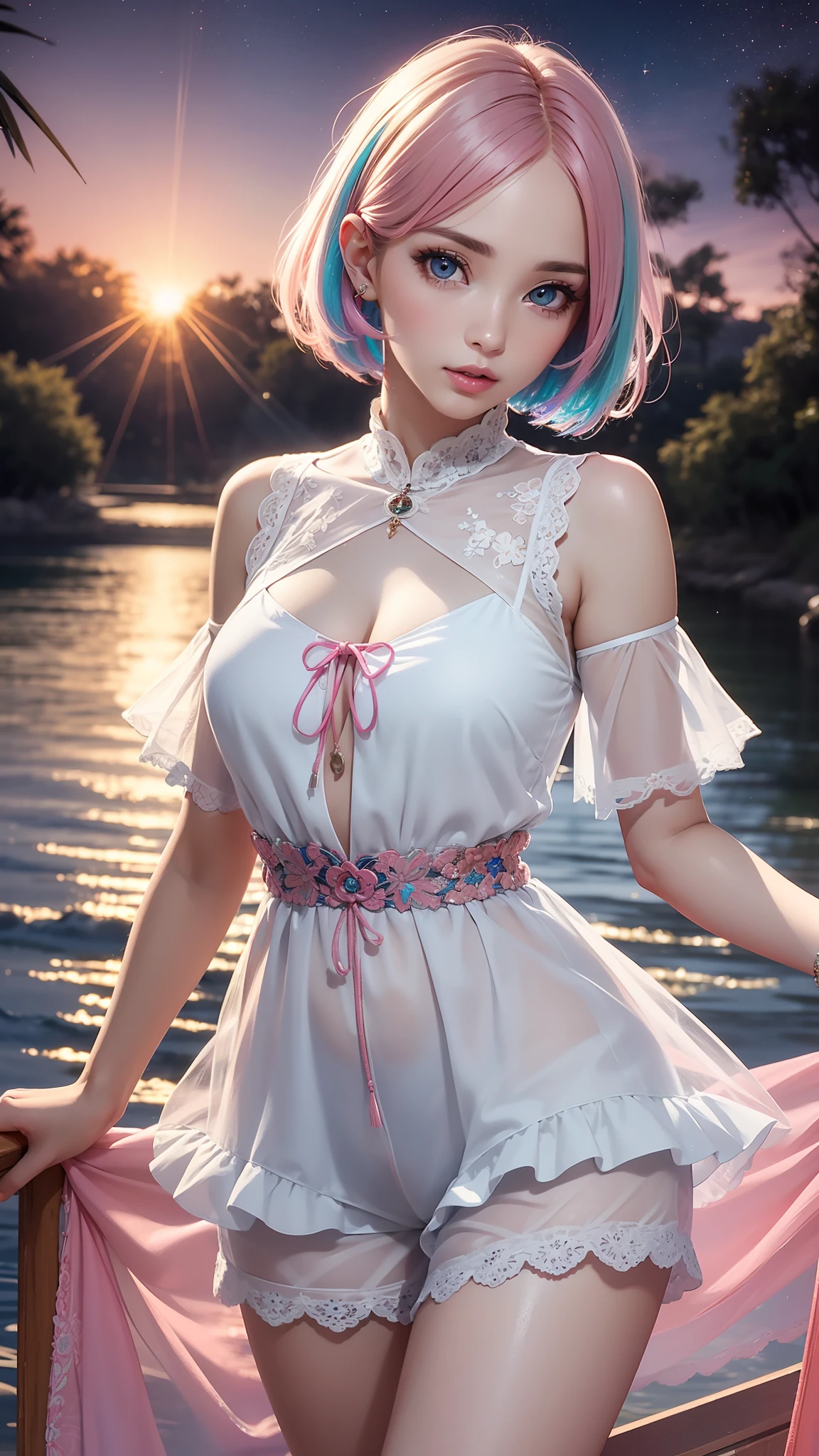 Realistic, Hyper Detail, Girls Only, (Layered Bob:1.3), Dynamic Lighting, ((Sensual pose)), (Glossy skin: 1.5), Masterpiece, Top Quality, Absurdity, Watching Viewer, (Blonde and Pink Hair), deep Purple Clear starry Eyes,((Beautiful, detailed eyes, jewel-like eyes, colorful eyes, sparkling eyes:1.3)), Slender, High Resolution, Sharp Focus, Depth of Field, Detail Eyes, Sharp Eyes, (Realistic Eyes)), outdoors, sunrise sky, (attractive delicate design river trimmed lace dress, (intricately patterned tops and short pants wearing): 1.3))