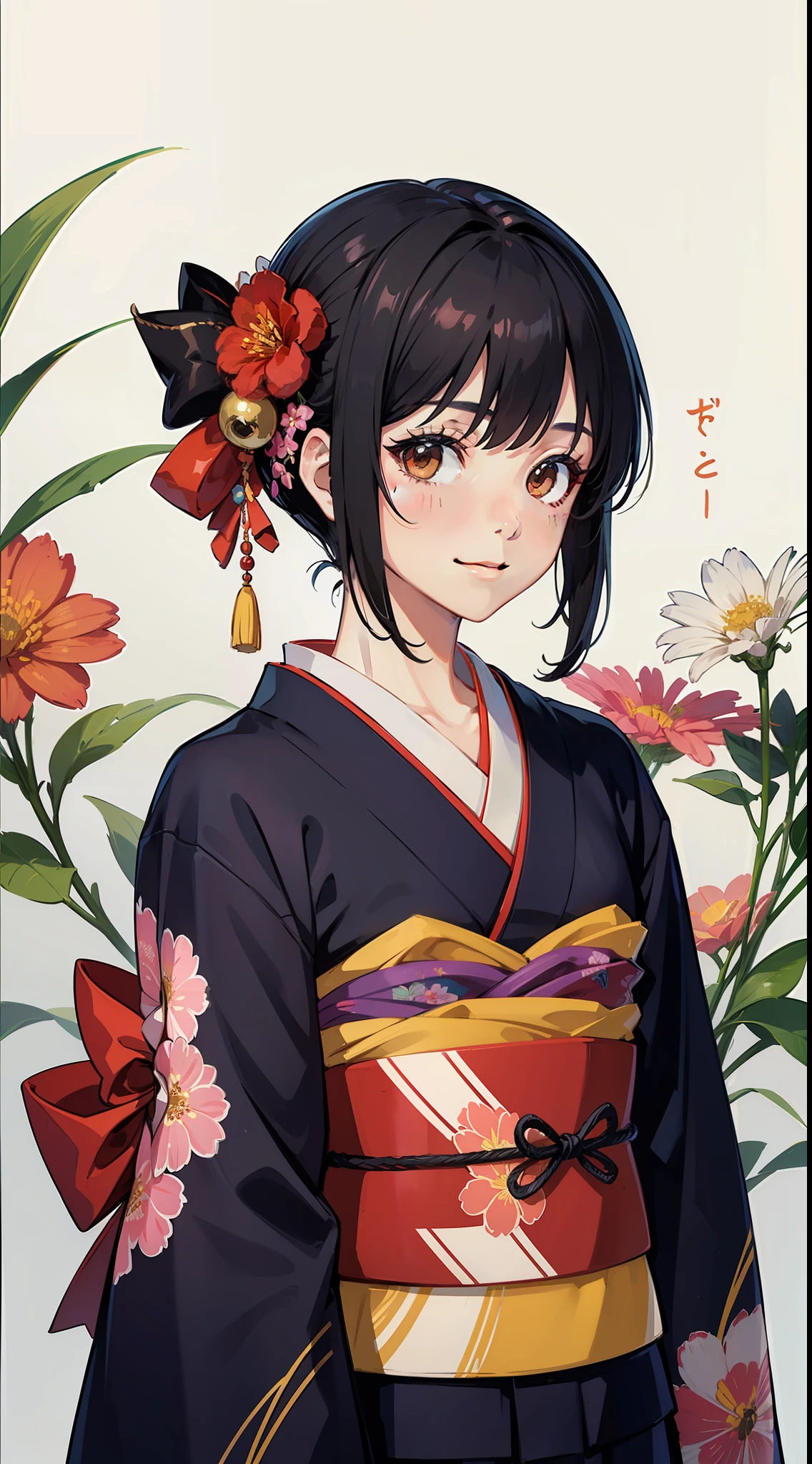 (masterpiece best quality:1.4),Yui,anime,1girl, solo, japanese clothes, kimono, white background, sash, looking at viewer, simple background, upper body, hair ornament, brown eyes, obi, floral print, black hair, closed mouth, red kimono, short hair, bangs, blush, hair flower, flower, long sleeves, hair intakes, smile, sidelocks, bow, new year, hair bow, print kimono