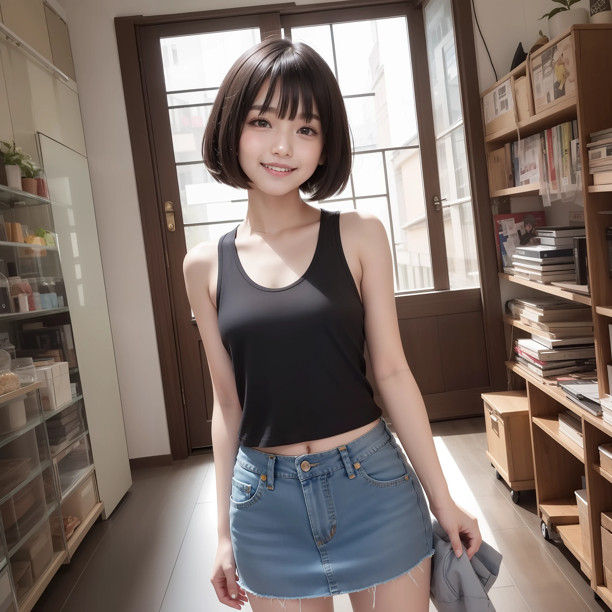 With the best image quality、Teenage girl standing in room。Black Hair Bob Hair、Cute smile.。(tiny chest)、Tank tops、Denim miniskirt