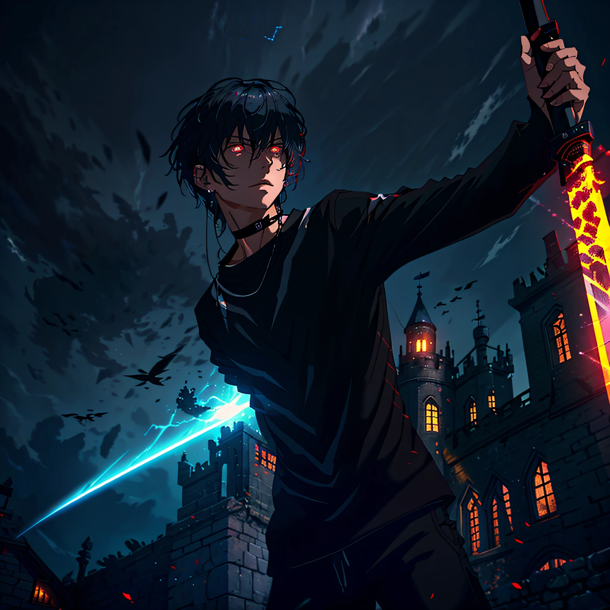 black hair, messy hair, short hair, undercut, neck tattoo, arm tattoo, chest tattoo, muscular constitution, black tunic with long sleeves, black pants glued, wielding a sword, medium sword, sword with black handle and vibrant red hand guard, metallic gray blade, vibrant eye color, yellow and red eye, close up shot, creating a cut in space time,  powerful aura, destroyed castle, very dark, night, 8k, 64k, HD, incomparable masterpiece, dynamic lighting, cinematic, epic digital art of the highest quality, stunning art, 4k wallpaper