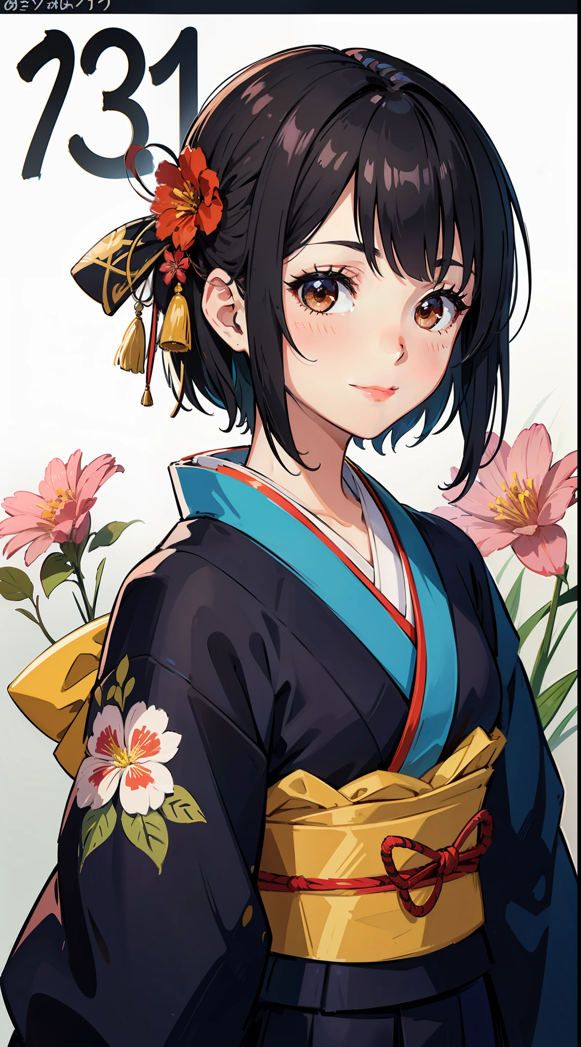 (masterpiece best quality:1.4),Yui,anime,1girl, solo, japanese clothes, kimono, white background, sash, looking at viewer, simple background, upper body, hair ornament, brown eyes, obi, floral print, black hair, closed mouth, red kimono, short hair, bangs, blush, hair flower, flower, long sleeves, hair intakes, smile, sidelocks, bow, new year, hair bow, print kimono