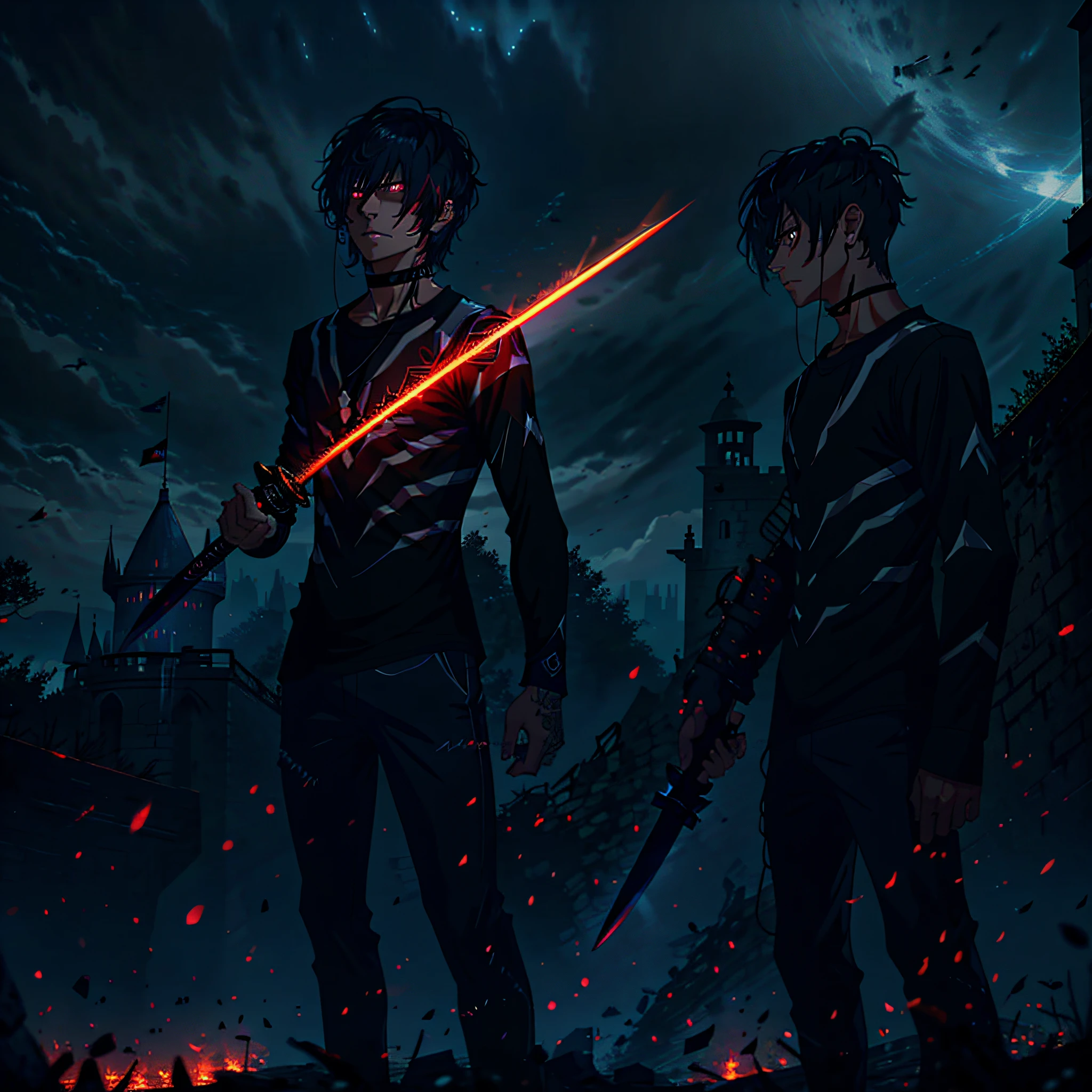 black hair, messy hair, short hair, undercut, neck tattoo, arm tattoo, chest tattoo, muscular constitution, black tunic with long sleeves, black pants glued, wielding a sword, medium sword, sword with black handle and vibrant red hand guard, metallic gray blade, vibrant eye color, yellow and red eye, close up shot, creating a cut in space time,  powerful aura, destroyed castle, very dark, night, 8k, 64k, HD, incomparable masterpiece, dynamic lighting, cinematic, epic digital art of the highest quality, stunning art, 4k wallpaper