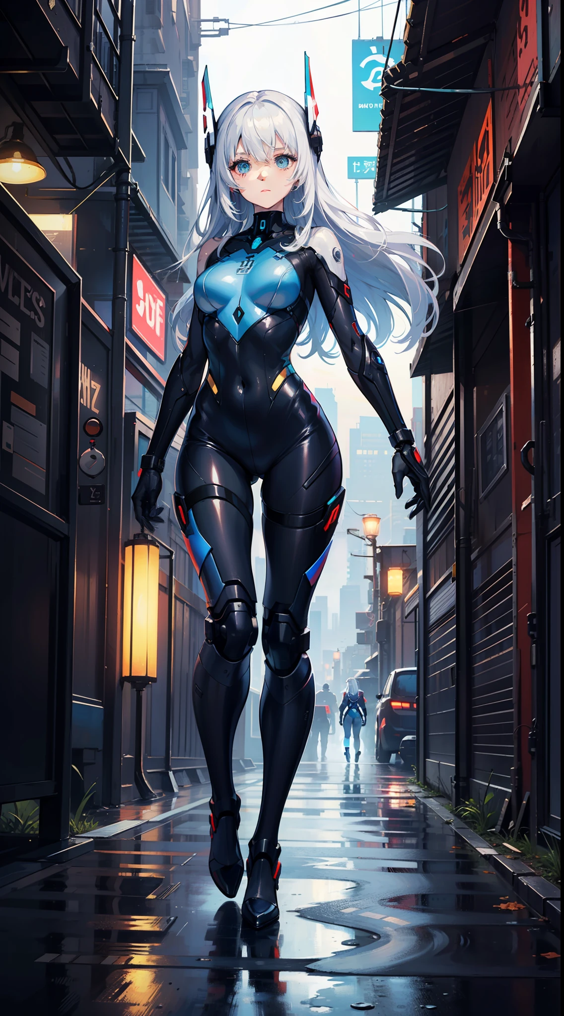 (masterpiece:1.2, best quality),(Detailed eye description:1.0),masterpiece,1girl,solo,full body,towards viewer,very long white hair,blue eyes,medium breasts,mecha musume,mechanical arms, headgear,bodysuit,skin suit,cyberpunk city,white day,