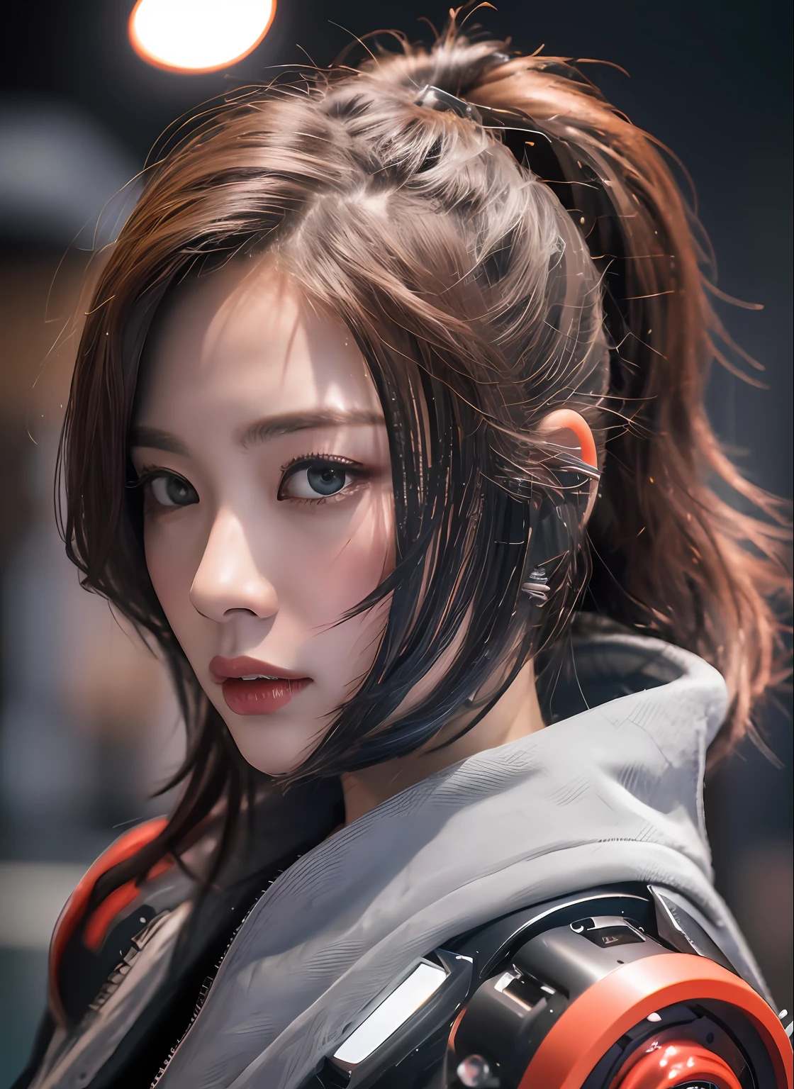 melhor qualidade de imagem、8k,fotografia nefasta, Retrato da parte superior do corpo、Cute robot in cybernetic clothes、mechanical body、guerra cyberpunk, vermillion anachronism, futuristic fragmentation, Layered Composition, futurismo cyberpunk, cinematic still, filmado em filme, Shot with camera - met the requirements for best image quality、Generates dynamic images。--AR 3:2 - S 600、Reduzir x 1.5
