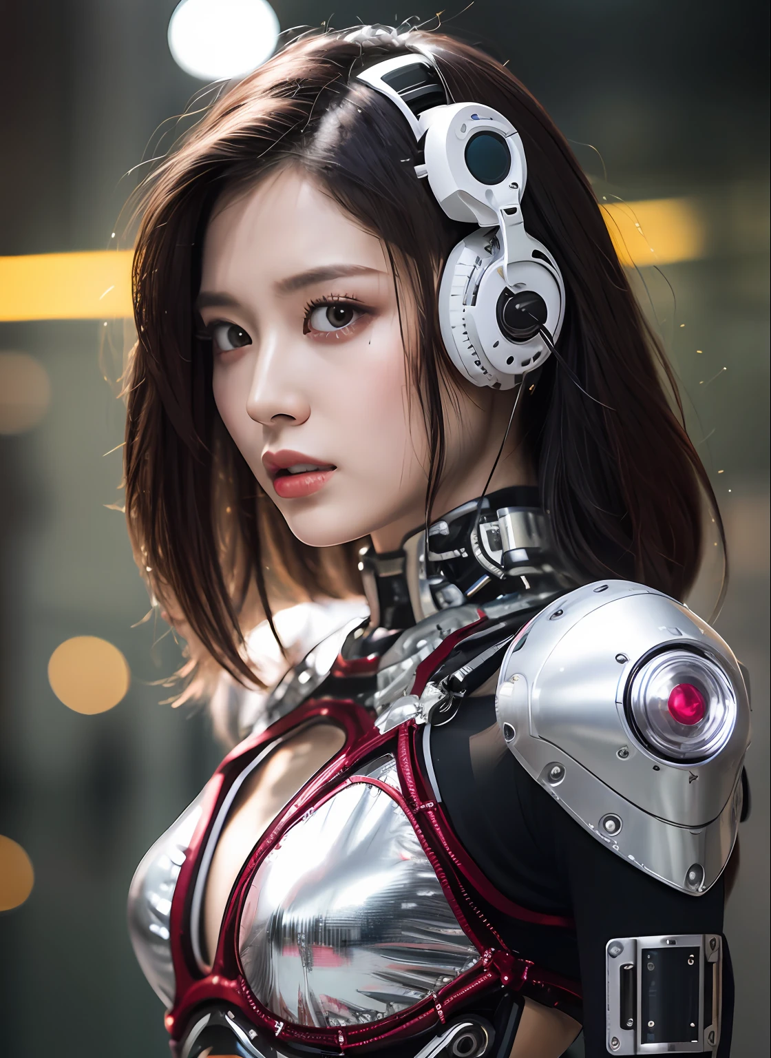 melhor qualidade de imagem、8k,fotografia nefasta, Retrato da parte superior do corpo、Cute robot in cybernetic clothes、mechanical body、guerra cyberpunk, vermillion anachronism, futuristic fragmentation, Layered Composition, futurismo cyberpunk, cinematic still, filmado em filme, Shot with camera - met the requirements for best image quality、Generates dynamic images。--AR 3:2 - S 600、Reduzir x 1.5
