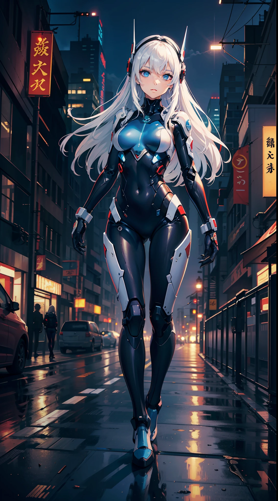 (masterpiece:1.2, best quality),(Detailed eye description:1.0),masterpiece,1girl,solo,full body,towards viewer,very long white hair,blue eyes,medium breasts,mecha musume,mechanical arms, headgear,bodysuit,skin suit,cyberpunk city,white day,