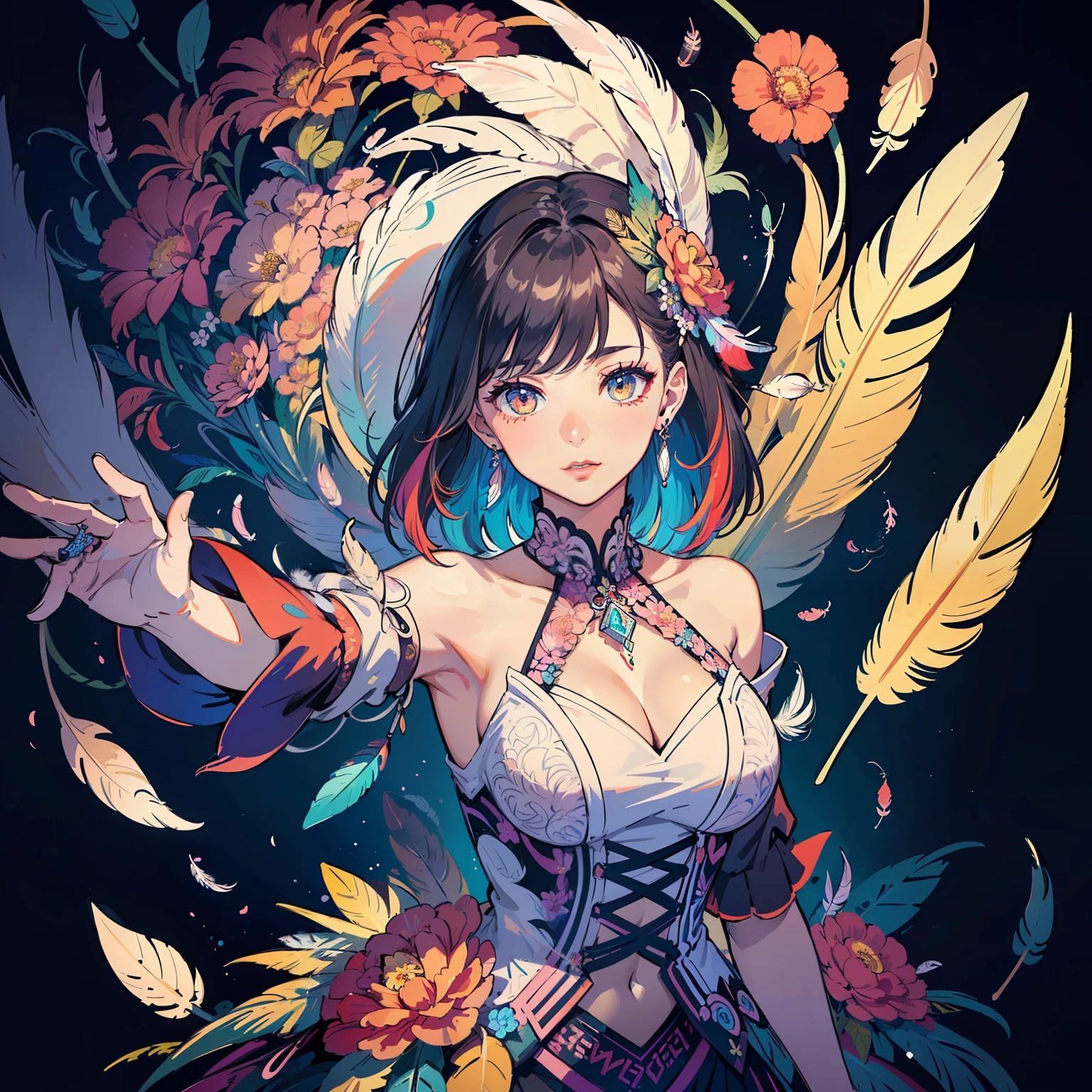 (masterpiece, top quality, best quality, official art, beautiful and aesthetic:1.2), (1girl:1.3), extremely detailed,(fractal art:1.1),(colorful:1.1)(flowers:1.3),highest detailed,(zentangle:1.2), (dynamic pose), (abstract background:1.3), (many colors:1.4), ,(earrings),  (feathers:1.5),