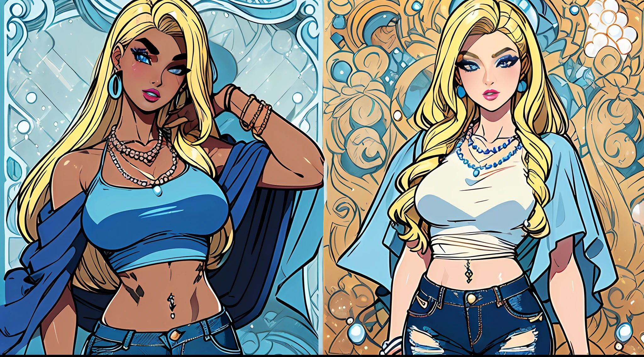 (Ultra-realistic skin tone:1.3),(tee shirt:1.2),(denim pant:1.2),(Bronzed complexion:1.2),(Wrist clasp:1.1),(Jewelry:1.1),(Long hair shawl:1.2),(Beautiful lines:1.1),(putting makeup on:1.1),(blond hairbl,eyebrows very:1.4),(blue color eyes:1.3),(Alvine:1.1),(Navel piercing:1.1),(lipsticks:1.1),(Barbie style:1.3),(pearls necklace:1.2)