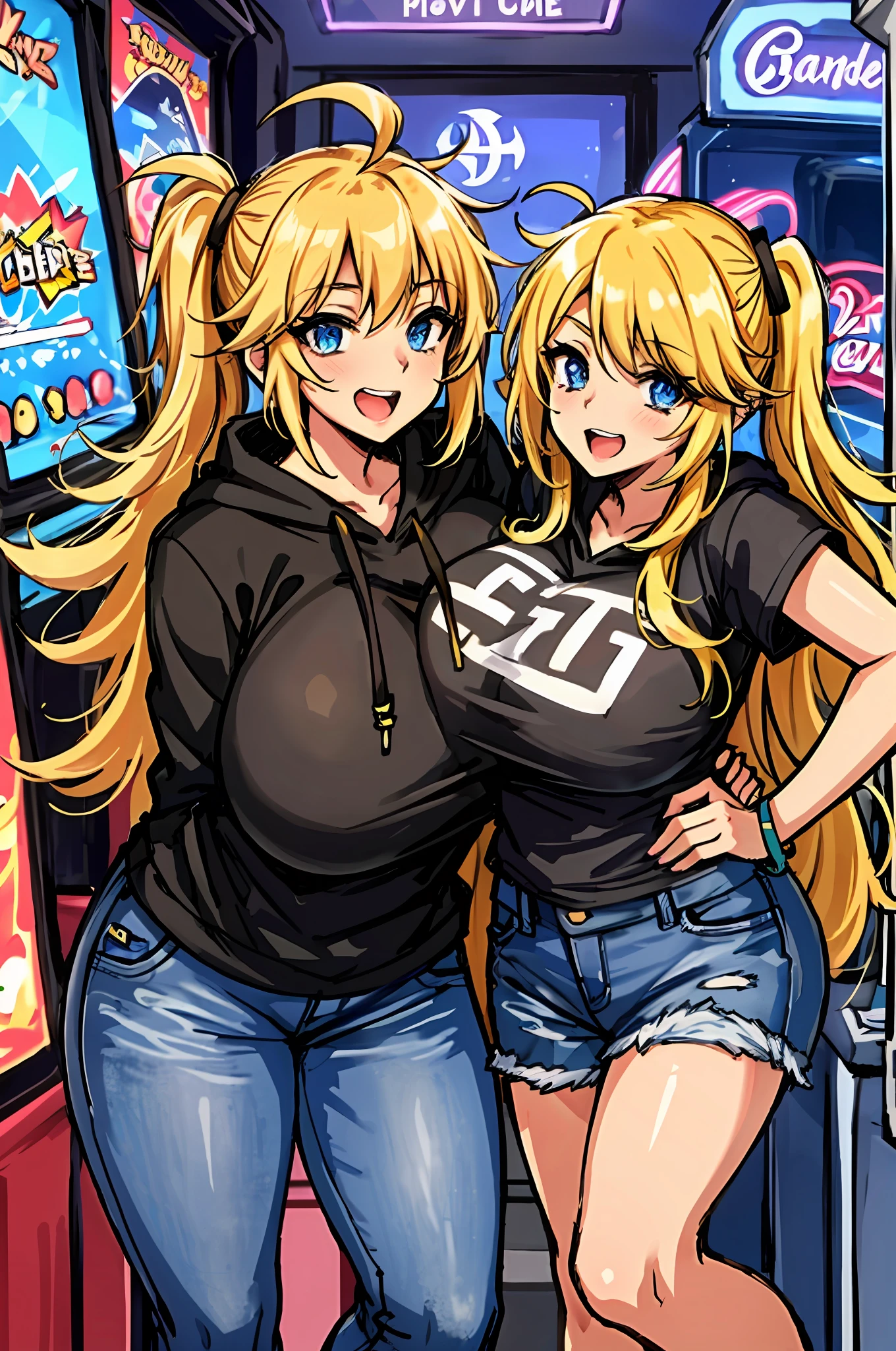 2heads, a short chubby woman with 2 heads. She has enormous breasts. She has messy hair. She looks nerdy. She is wearing a baggy hoodie and jeans. She is in an arcade that is only lit by arcade games. She looks excited. Her breasts are gigantic. 2 heads. Conjoined, two heads.