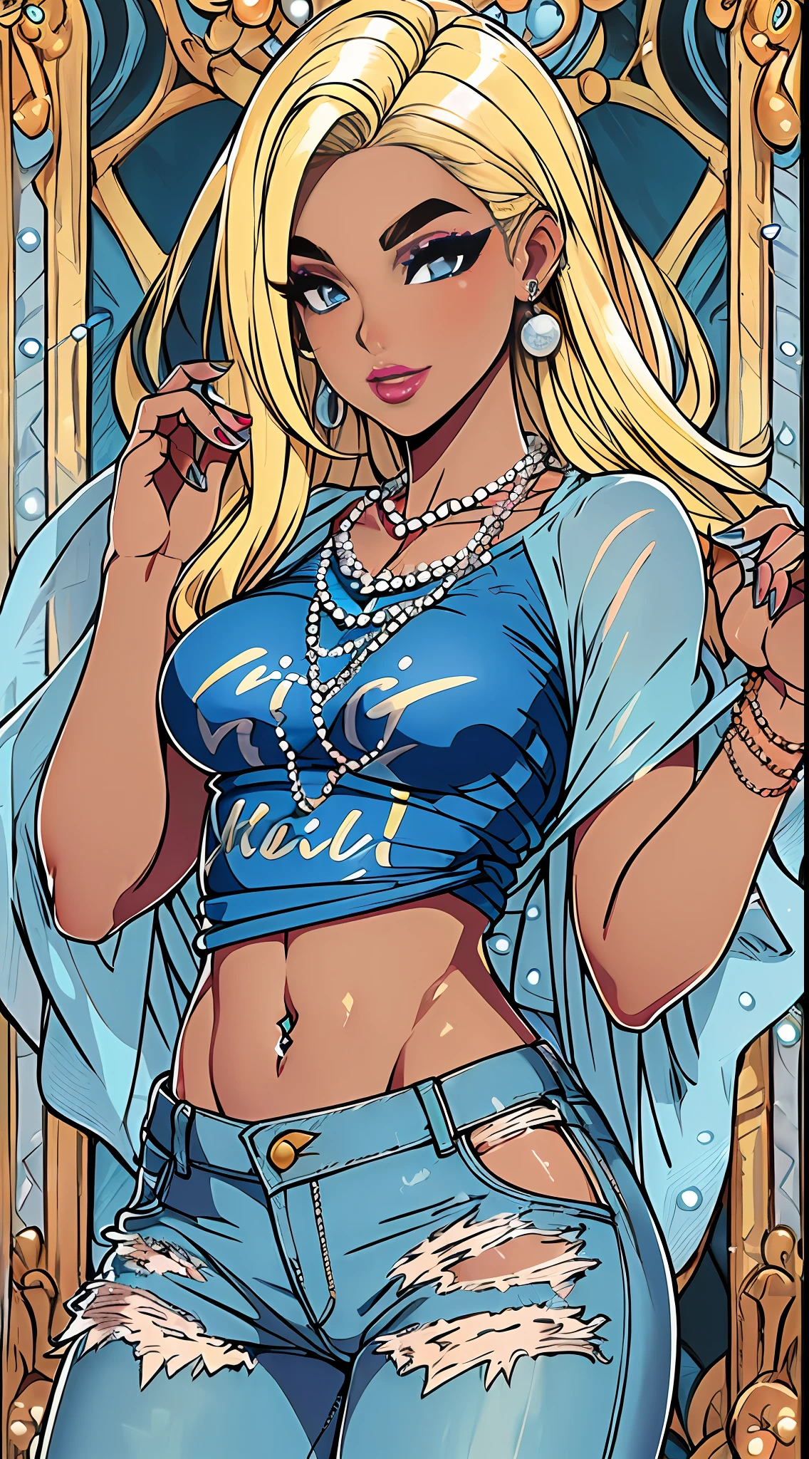 (Ultra-realistic skin tone:1.3),(tee shirt:1.2),(denim pant:1.2),(Bronzed complexion:1.2),(Wrist clasp:1.1),(jewelry:1.1),(Long hair shawl:1.2),(Beautiful lines:1.1),(putting makeup on:1.1),(blond hairbl,eyebrows very:1.4),(blue color eyes:1.3),(Alvine:1.1),(pierced navel:1.1),(lipsticks:1.1),(Barbie style:1.3),(pearls necklace:1.2)