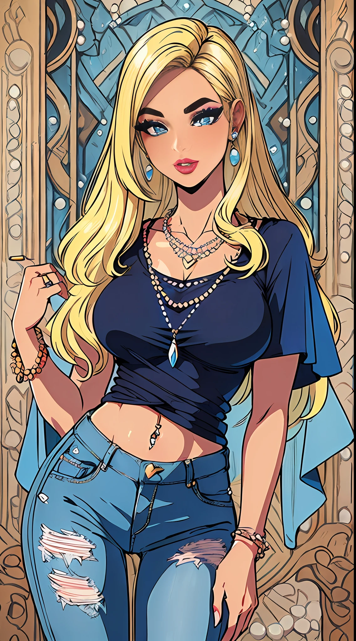 (Ultra-realistic skin tone:1.3),(tee shirt:1.2),(denim pant:1.2),(Bronzed complexion:1.2),(Wrist clasp:1.1),(jewelry:1.1),(Long hair shawl:1.2),(Beautiful lines:1.1),(putting makeup on:1.1),(blond hairbl,eyebrows very:1.4),(blue color eyes:1.3),(Alvine:1.1),(pierced navel:1.1),(lipsticks:1.1),(Barbie style:1.3),(pearls necklace:1.2)