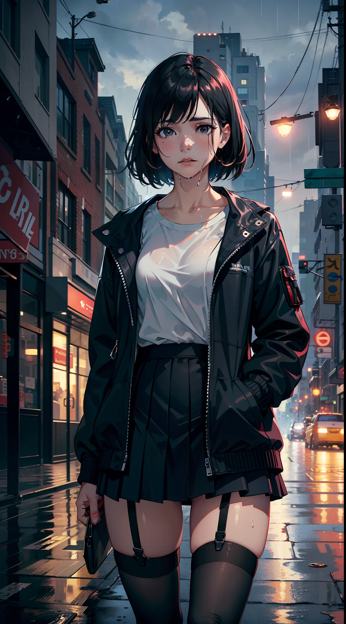 8K, masterpiece, best quality, ultra-detailed, photorealistic, realistic, extremely detailed face, film lighting, cinematic lighting, ray tracing, illustration, disheveled hair,
On a cloudy street, foggy and heavy rain, a girl with black hair and black eyes standing in the middle of the road and cried. She was wearing a black open jacket, a white shirt, a black short skirt, and black garter belt, The clothes were drenched by rain and revealed a black bra.,depth of field (dof),cinematic shot,film lighting,