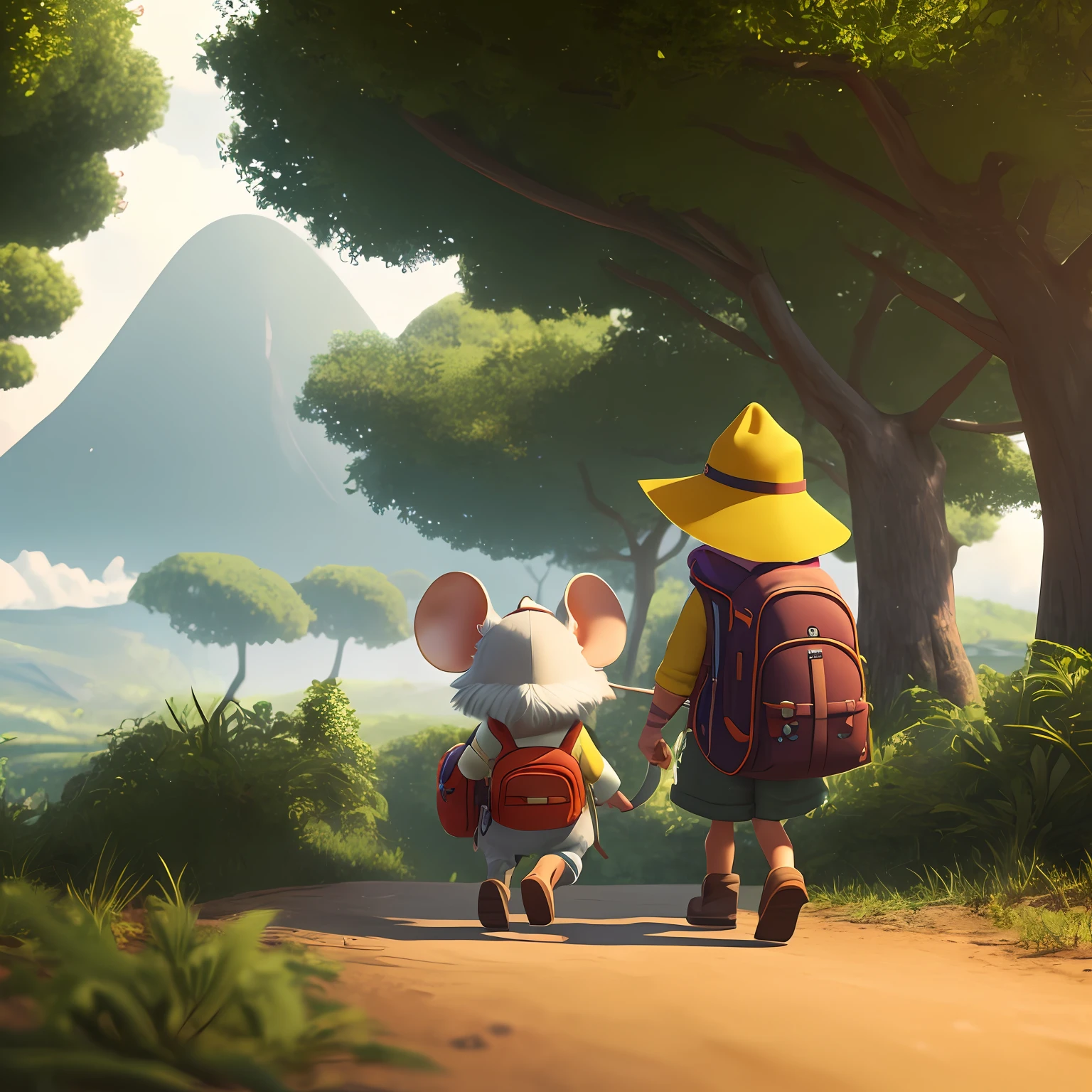 There's a cartoon mouse with a hat and a backpack heading toward the horizon, aventura render hiper realista, Rato na floresta, indo embora, bonito 3 d render, 3 d character render, anthropomorphic mouse, rolands zilvinskis 3d render art, ultra realistic 3d illustration, Anthropomorphic time 3D, 3 d render stylized, realistic fantasy rendering, amadilha para pegar pombos no caminho, queijo na armadilha --auto