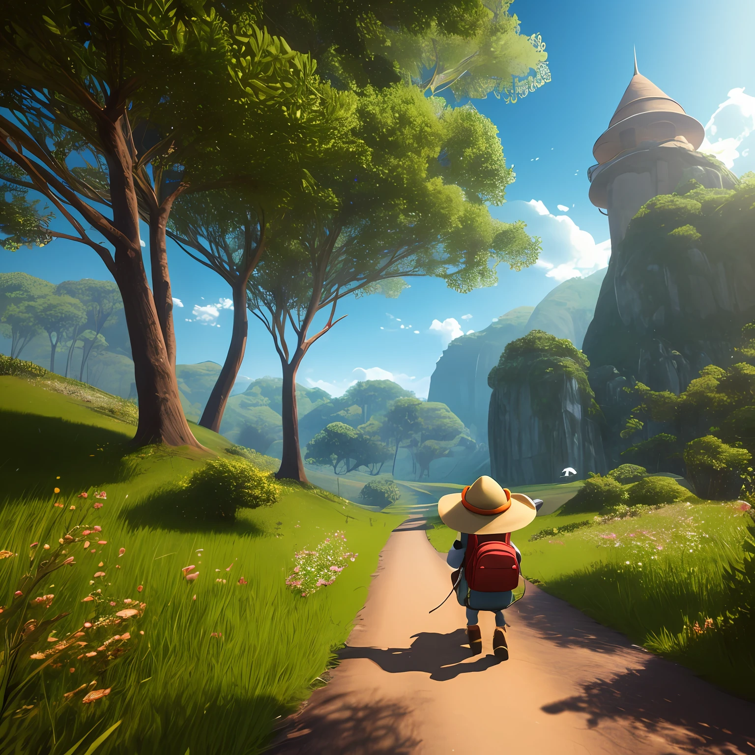There's a cartoon mouse with a hat and a backpack heading toward the horizon, aventura render hiper realista, Rato na floresta, indo embora, bonito 3 d render, 3 d character render, anthropomorphic mouse, rolands zilvinskis 3d render art, ultra realistic 3d illustration, Anthropomorphic time 3D, 3 d render stylized, realistic fantasy rendering, amadilha para pegar pombos no caminho, queijo na armadilha --auto