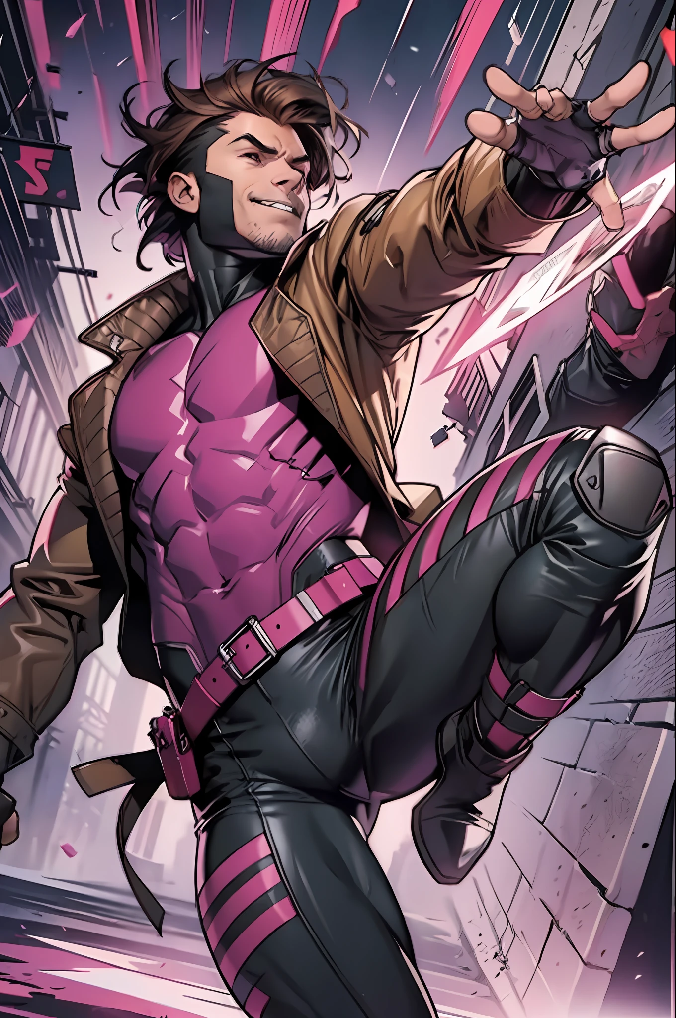 Gambit, Le Diablo Blanc, Remy Lebeau, smirk, gloves, jacket, boots,open clothes, teeth, belt, pants, fingerless gloves, clenched hands, open jacket, black jacket, bodysuit, mask, muscular, spikes, kicking, leather, leather jacket, specular highlights, dynamic angle, dynamic pose, dynamic lighting, rim lighting, side lighting, extreme light and shadow, fxaa,