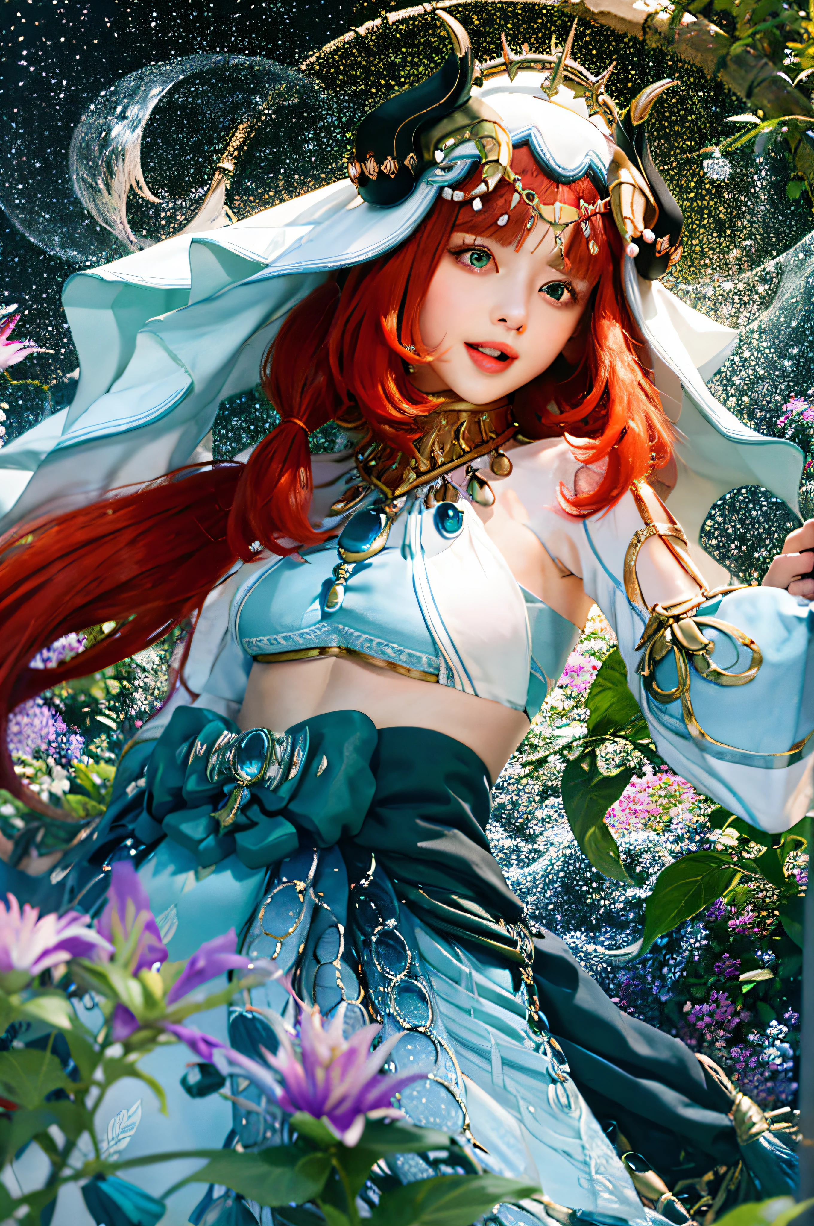 (Realistic painting style:1.1), masterpiece, best quality, absurdres, nilou (neither flower nor mist) (genshin impact), aqua eyes, nilou (genshin impact), fake horns, 1girl, solo, red hair, veil, smile, moon, long hair, crop top, jewelry, horns, night, bracer, brooch, long sleeves, puffy long sleeves, looking at viewer, skirt, bangs, twintails, water, puffy sleeves, sky, neck ring, open mouth, :d, full moon, night sky, flower, harem outfit, gold trim, parted bangs, arm up, breasts, circlet, outdoors, blue skirt, hair ornament, detached sleeves, low twintails, floating hair, gem, hair flower, blue gemstone, hand up, dancer, white headwear, small breasts, stomach, midriff, cowboy shot, blue bow, very long hair