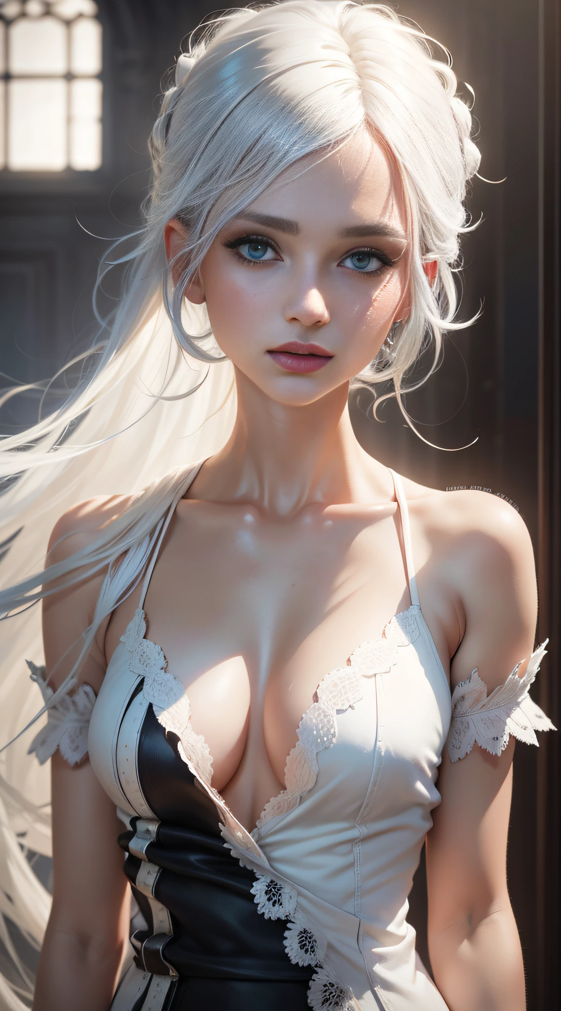 1 European beauty，White hair，Broken clothes，Realistic skin texture，Beautiful light and shadow，Perfect image quality