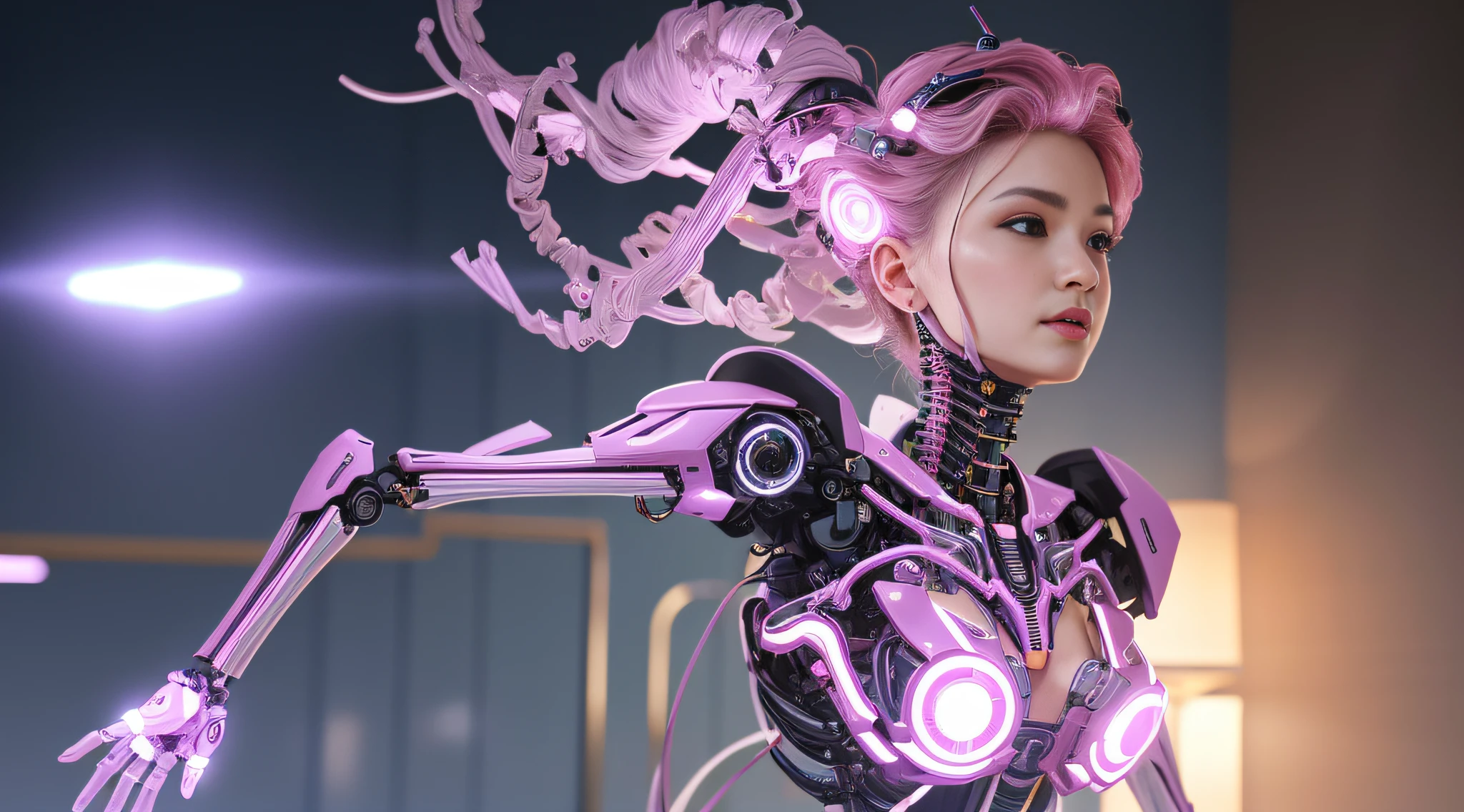 Ultra detailed complex 3D rendering of a porcelain cyborg woman, 1girl, (textura natural da pele, detalhes realistas dos olhos: 1.2), robotic parts, bela luz suave, luz de aro, detalhes vibrantes, cyberpunk luxuoso, hiper-realista, anatomic, facial muscles, electrical cable wires, microchip, elegante, belo plano de fundo, octan render, estilo APPLE, 8k, melhor qualidade, obra-prima, illustration, extremamente delicado e bonito, CG, unidade, papel de parede, (realista, fotorrealista: 1.2), Awesome, detalhes finos, obra-prima, melhor qualidade, arte oficial, papel de parede 8k de unidade CG extremamente detalhado, incrivelmente absurdos, sexy robot, mechanical skeleton, android, surrealismo, apocalyptic wasteland, (high-tech prostheses: 1.2), cabelo longo preto fofo, corpo perfeito, pink shiny cybernetic vessel