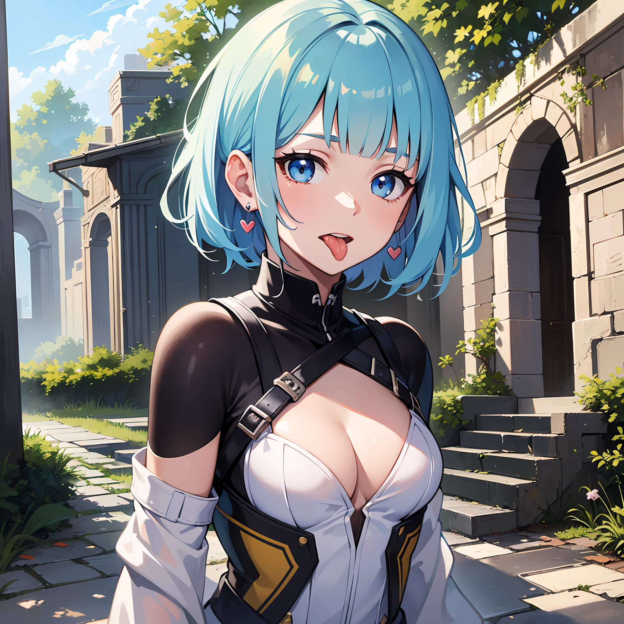 (masterpiece:1.3), (best quality:1.3), high resolution,
couboy shot,
holding sword, body facing forward,
(one cute girl:1.3), solo,
white skin, small Breast, eight-headed person,
light blue hair, (bobbed hair:1.2), short hair, (blunt bangs:1.2), beautiful hair, blue eyes, beautiful detailed eyes,
(tongue out:1.3), heart,
Futuristic clothing, earrings,
outdoors, Ruins of beautiful details,
shadowlighting,