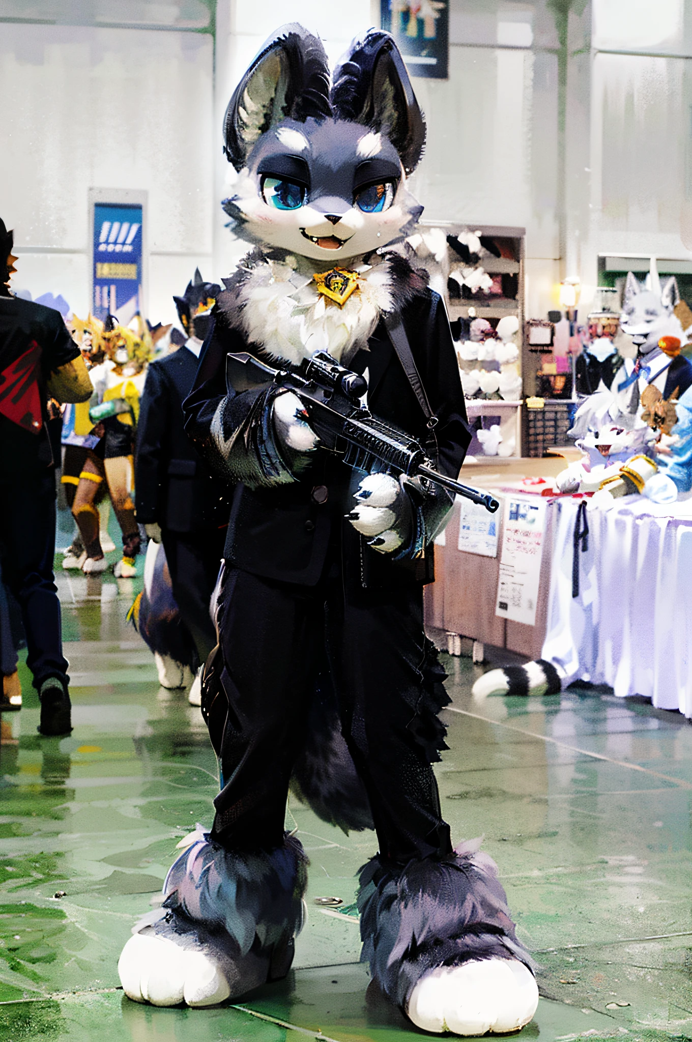 Alafi was wearing a suit,Gun in the chamber, furry convention, Furry character, fursona!!!!, furry fursona, rpgmaker, fursona, fur set, full body with costume, fur set!!!!, furry shot, anthropomorphic racoon, Furry anime, full body mascot, the furry fursuit is running, yee chong silverfox, cosplay