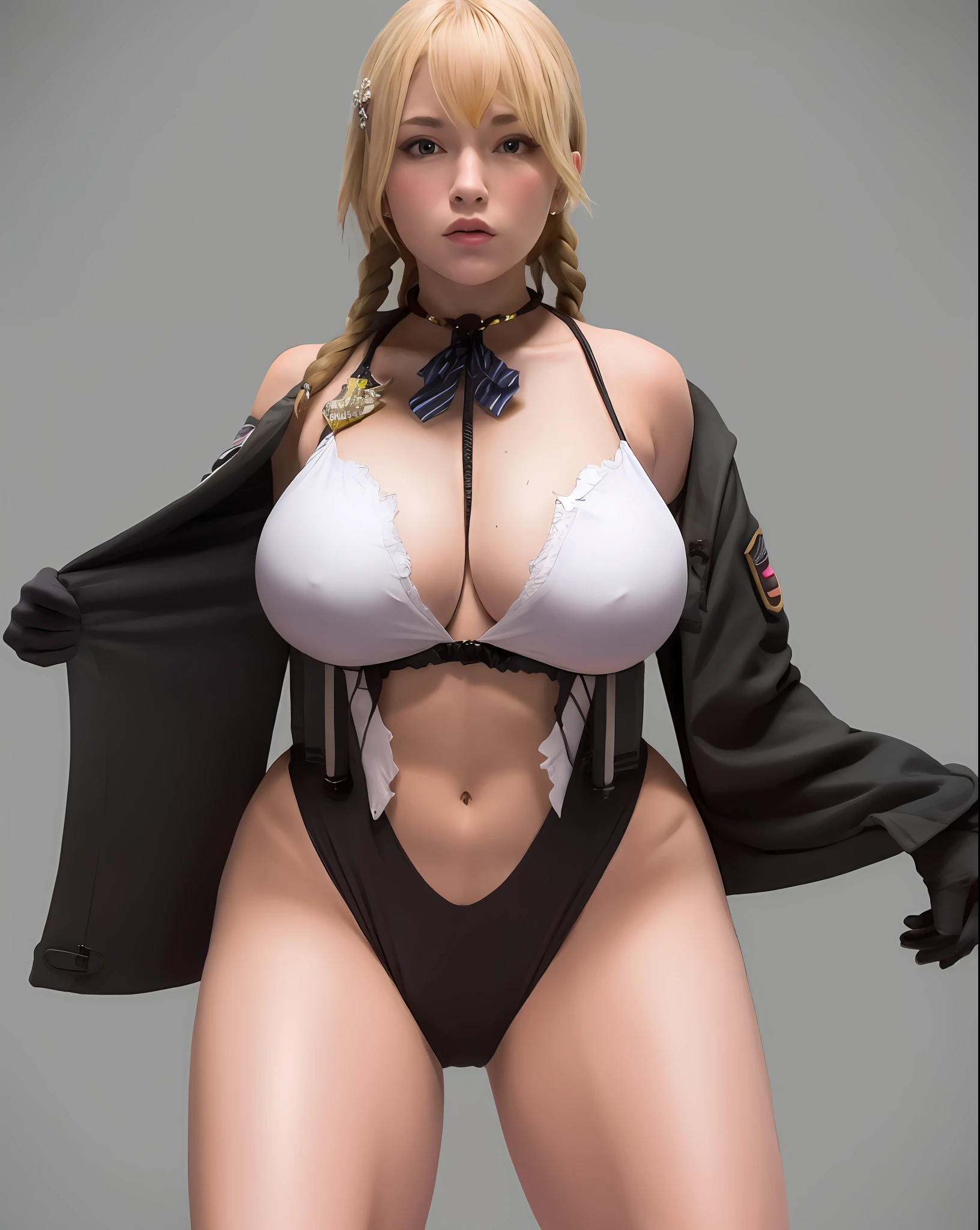 Sexy Athletic Woman Body Big Breasts Big Beak Big Breasts Big Uniform Big Military Blonde Hair With Braids