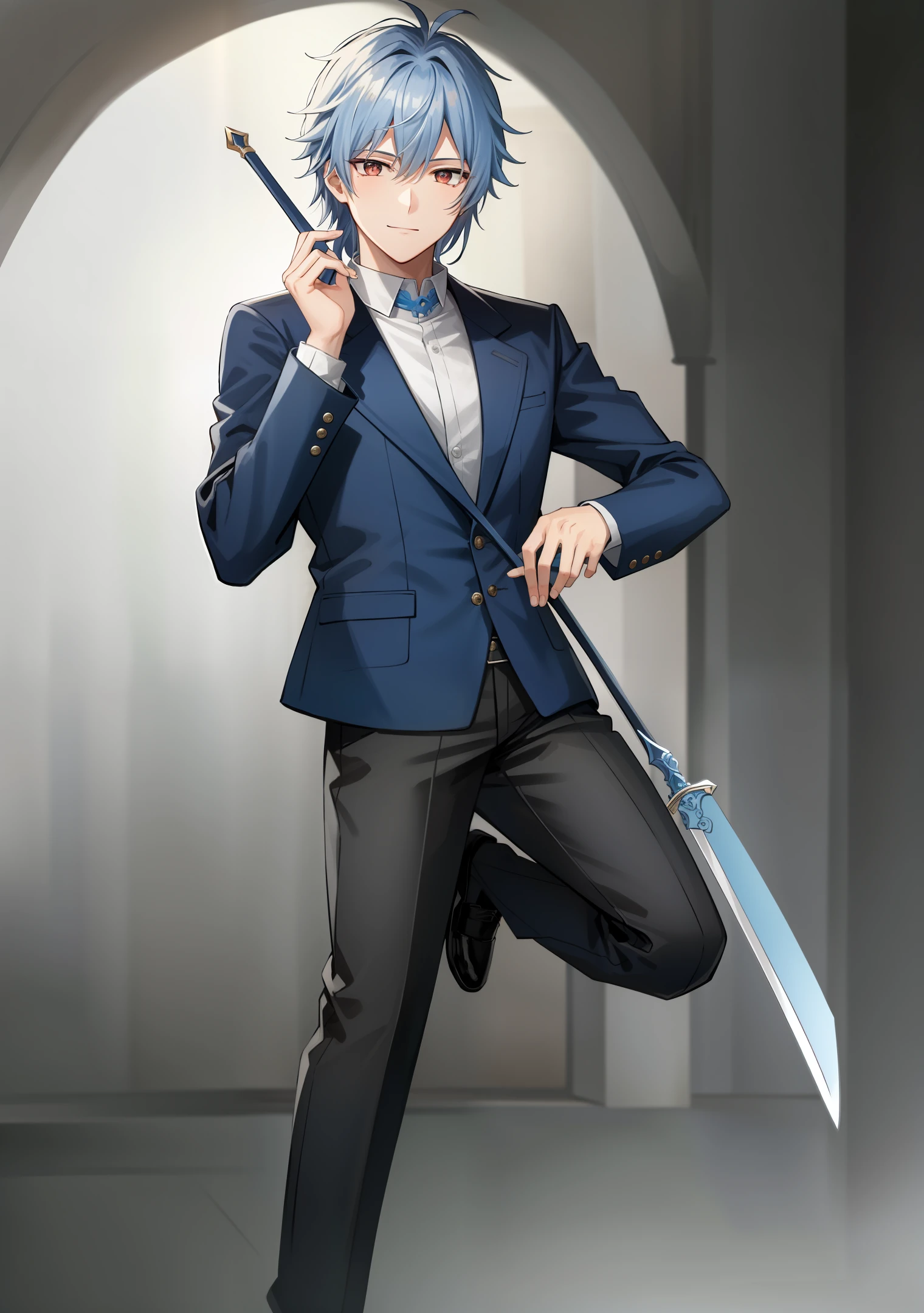 highest  quality，tmasterpiece，a pregirl，Hold a blue sword in one hand，Handsome，18yr old，adolable，年轻，Full body like，Blue jacket，Black trousers，Silver-white single ponytail，Reflective，cavalier，Facial portrayal，Sapphire red eyes，A disdainful smile，Dashing and flowing，The background is black and fades to white，strabismus，Bright eyes，The eyes have God