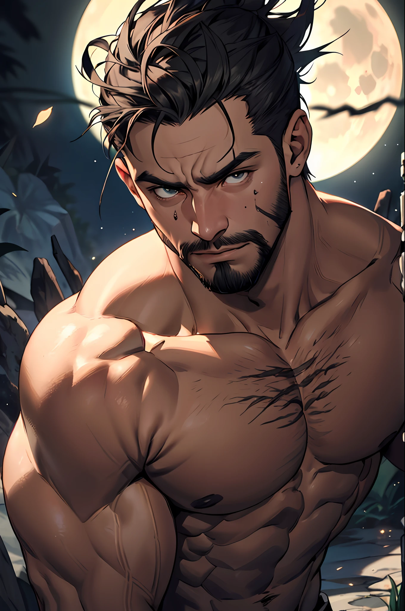 1 homem, obra-prima, melhor qualidade, muita dor nos olhos, raiva cabelos negros, barba, plano de fundo neblina, solo, corpo inteiro, facial hair, sofrimento dor, expression of pain, homem musculoso, beco escuro, neblina, casaco, beco, luz da lua, eight heads tall, escuro, homem