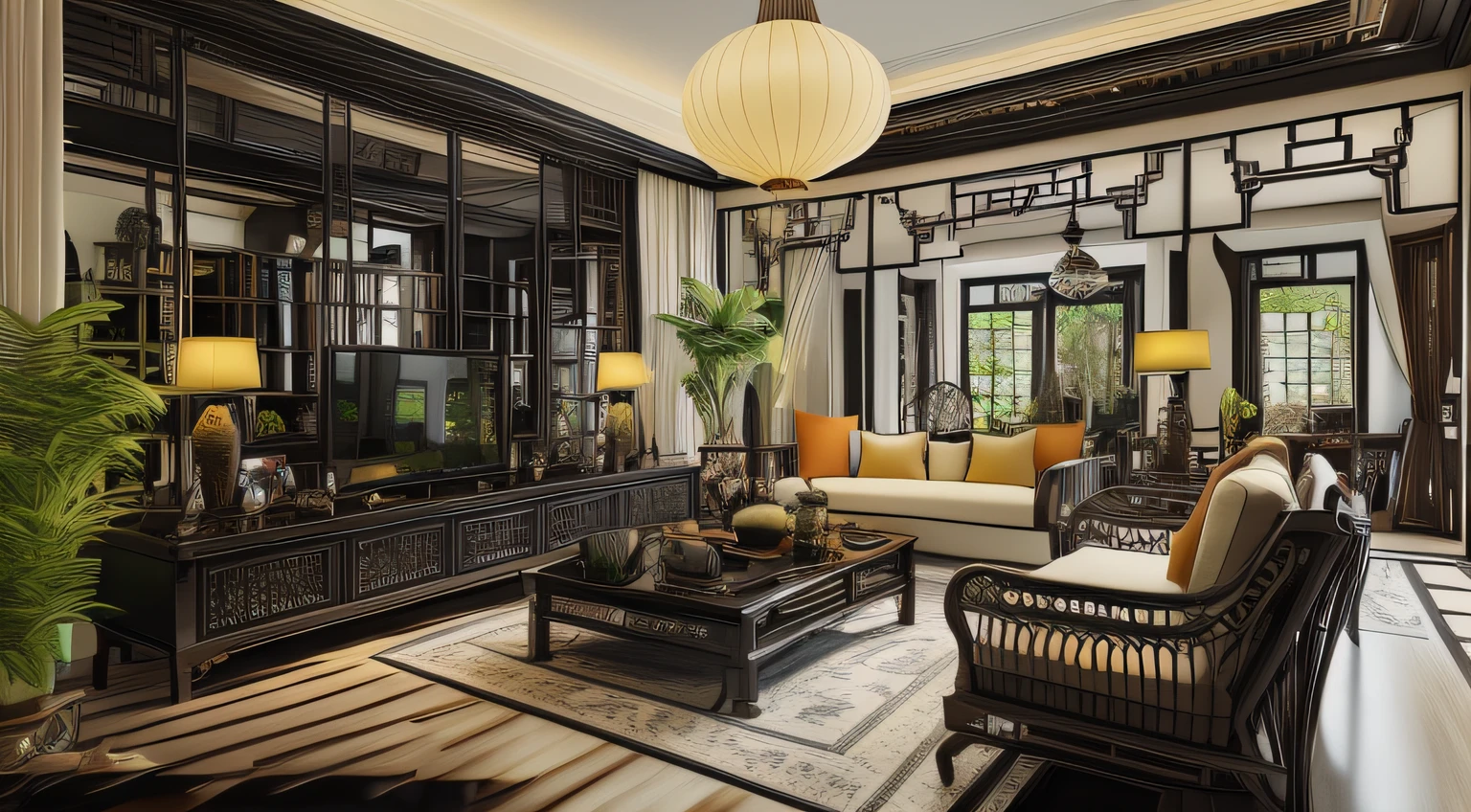 (( masterpiece)) (( ultral realistic)) (( sharp forcus)) (( high detail)) livingroom in indochina style,china , vietnam, black wooden furniture, wallpaper, patent,glossy, ceramic tiles floor,